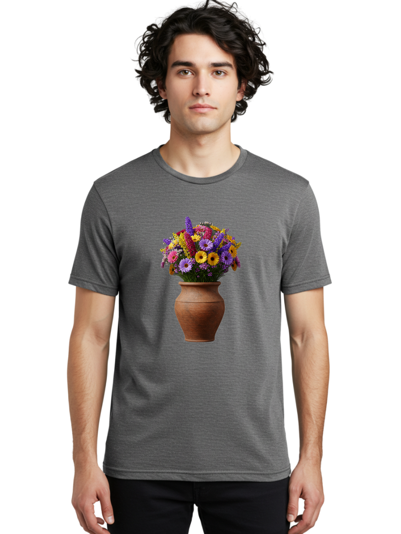 Flower-Pot Men'S Graphic Tee, 100% Cotton, Comfortable Casual Summer Wear, Machine Washable, Colorful Flowers, Floral Arrangement, Mixed Blooms, Vibrant Petals, Clay Vase, Flower Bouquet, Wildflowers, Garden Flowers, Floral Decor Baa689