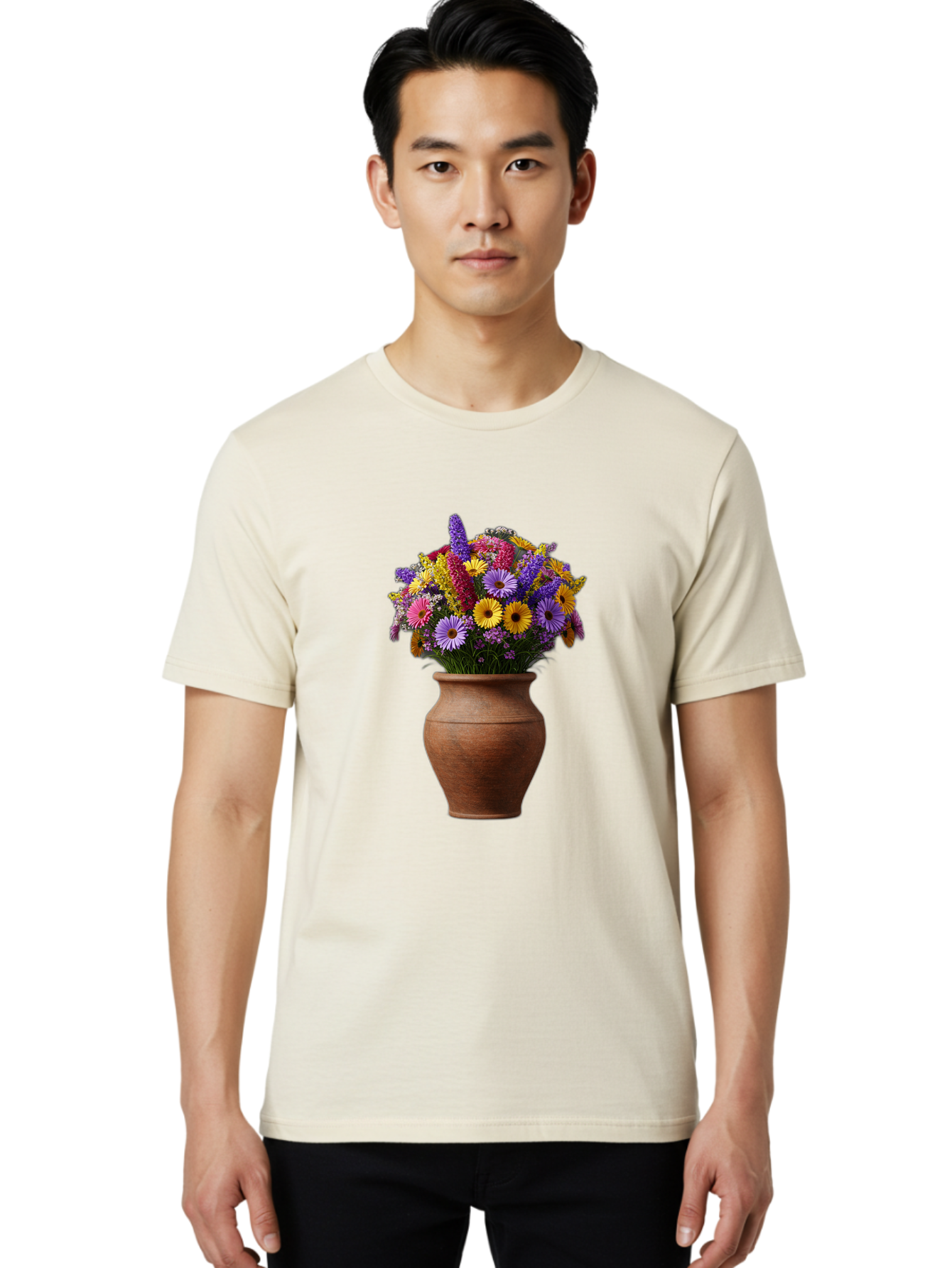 Flower-Pot Men'S Graphic Tee, 100% Cotton, Comfortable Casual Summer Wear, Machine Washable, Colorful Flowers, Floral Arrangement, Mixed Blooms, Vibrant Petals, Clay Vase, Flower Bouquet, Wildflowers, Garden Flowers, Floral Decor Baa689