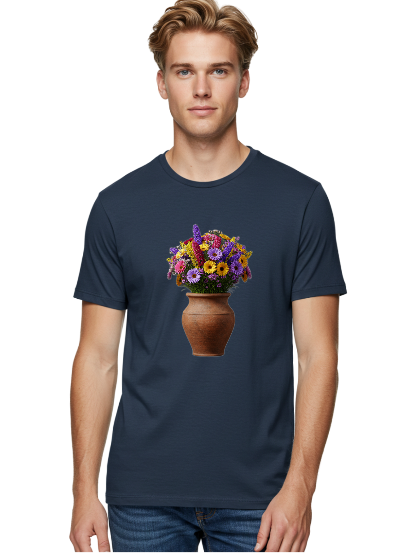Flower-Pot Men'S Graphic Tee, 100% Cotton, Comfortable Casual Summer Wear, Machine Washable, Colorful Flowers, Floral Arrangement, Mixed Blooms, Vibrant Petals, Clay Vase, Flower Bouquet, Wildflowers, Garden Flowers, Floral Decor Baa689