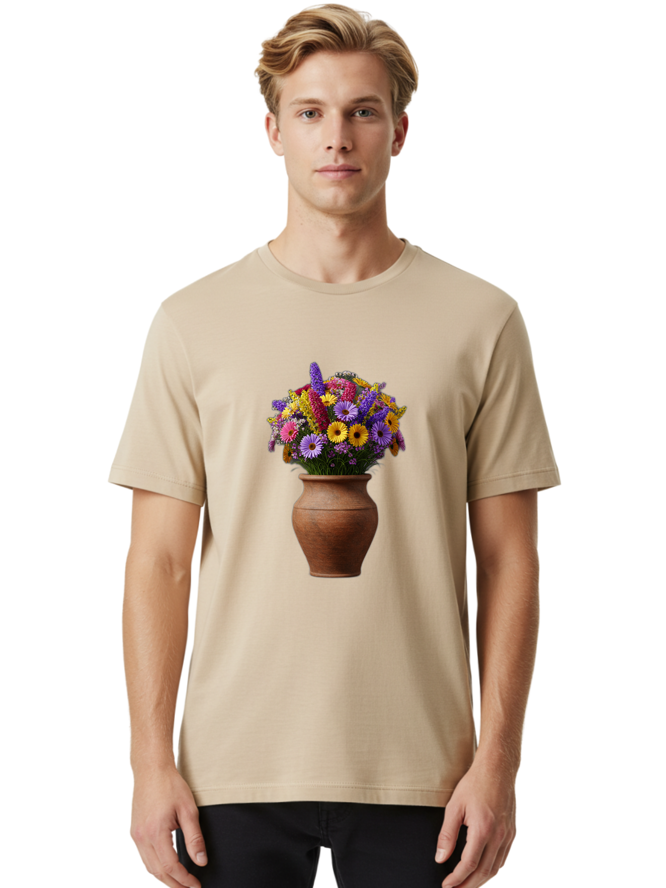 Flower-Pot Men'S Graphic Tee, 100% Cotton, Comfortable Casual Summer Wear, Machine Washable, Colorful Flowers, Floral Arrangement, Mixed Blooms, Vibrant Petals, Clay Vase, Flower Bouquet, Wildflowers, Garden Flowers, Floral Decor Baa689