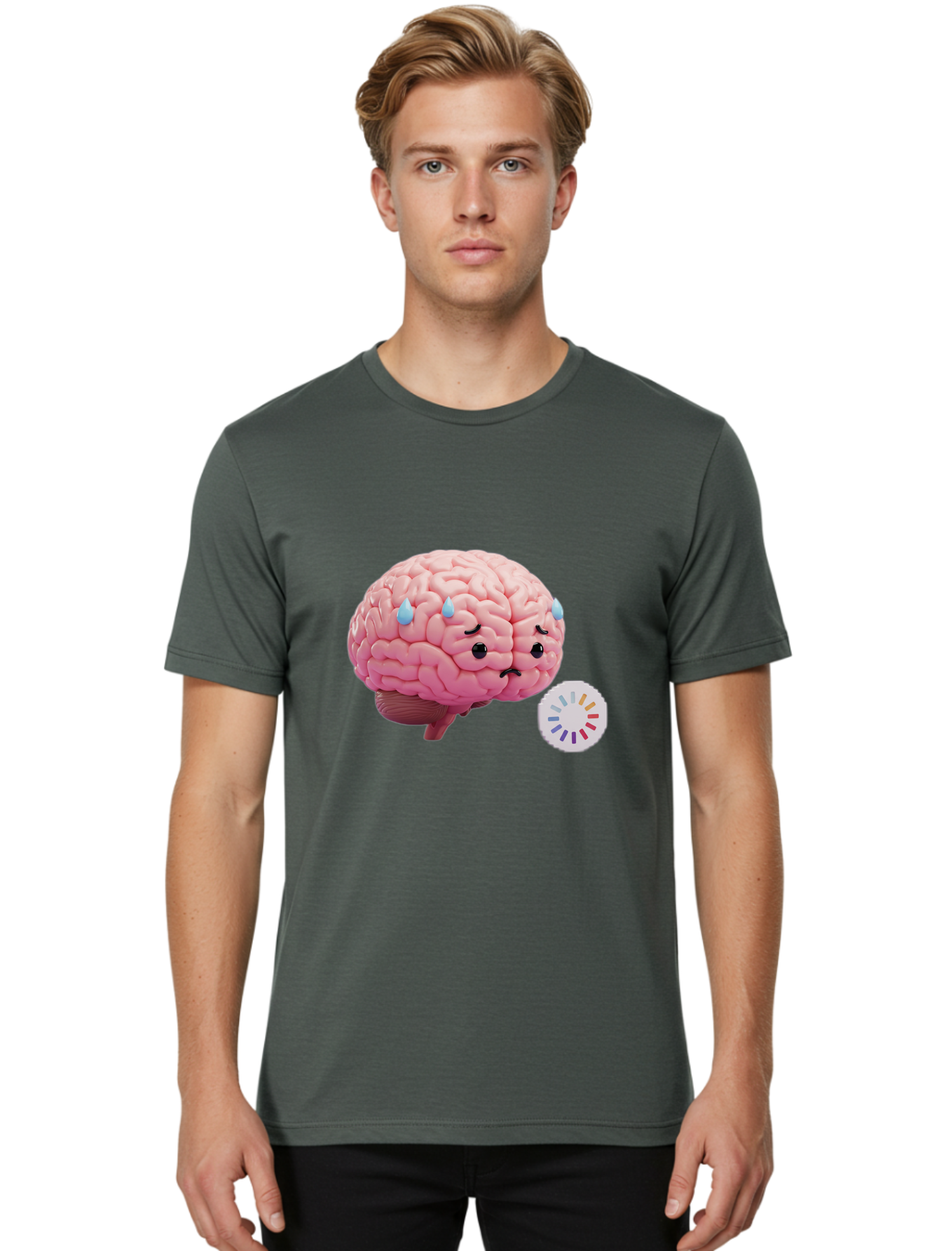 Frowning-Brain Men'S Graphic Tee, 100% Cotton, Comfortable Casual Summer Wear, Machine Washable, Cartoon Brain, Sad Face, Blue Tears, Frowning, Unhappy, Circular Color Palette, Brain Model, Emotional Expression, Human Anatomy Baa692
