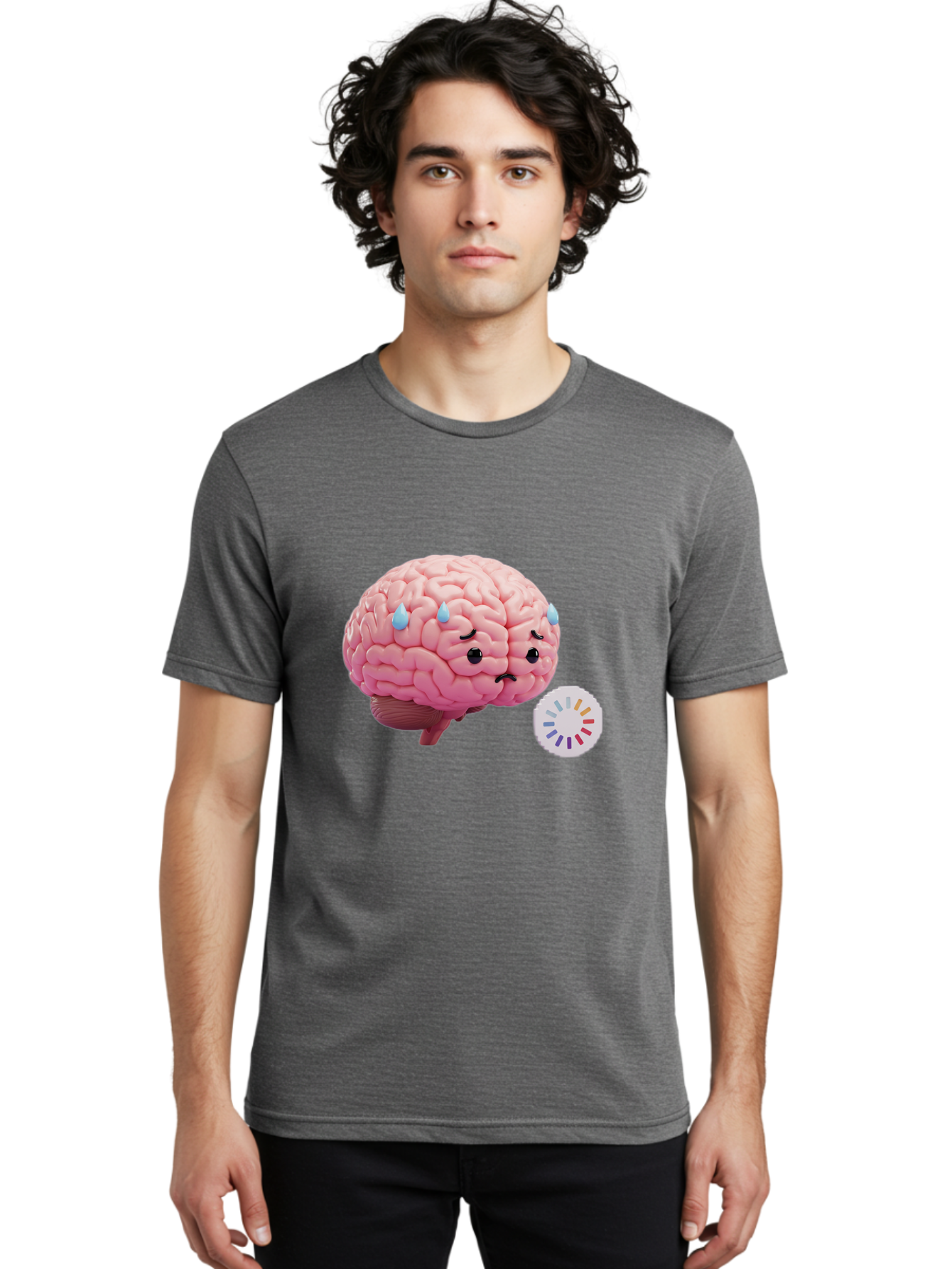 Frowning-Brain Men'S Graphic Tee, 100% Cotton, Comfortable Casual Summer Wear, Machine Washable, Cartoon Brain, Sad Face, Blue Tears, Frowning, Unhappy, Circular Color Palette, Brain Model, Emotional Expression, Human Anatomy Baa692