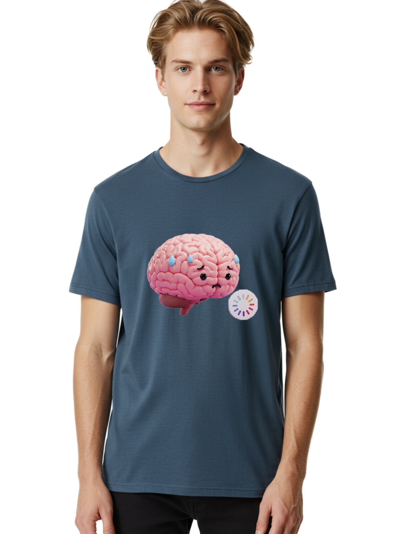 Frowning-Brain Men'S Graphic Tee, 100% Cotton, Comfortable Casual Summer Wear, Machine Washable, Cartoon Brain, Sad Face, Blue Tears, Frowning, Unhappy, Circular Color Palette, Brain Model, Emotional Expression, Human Anatomy Baa692
