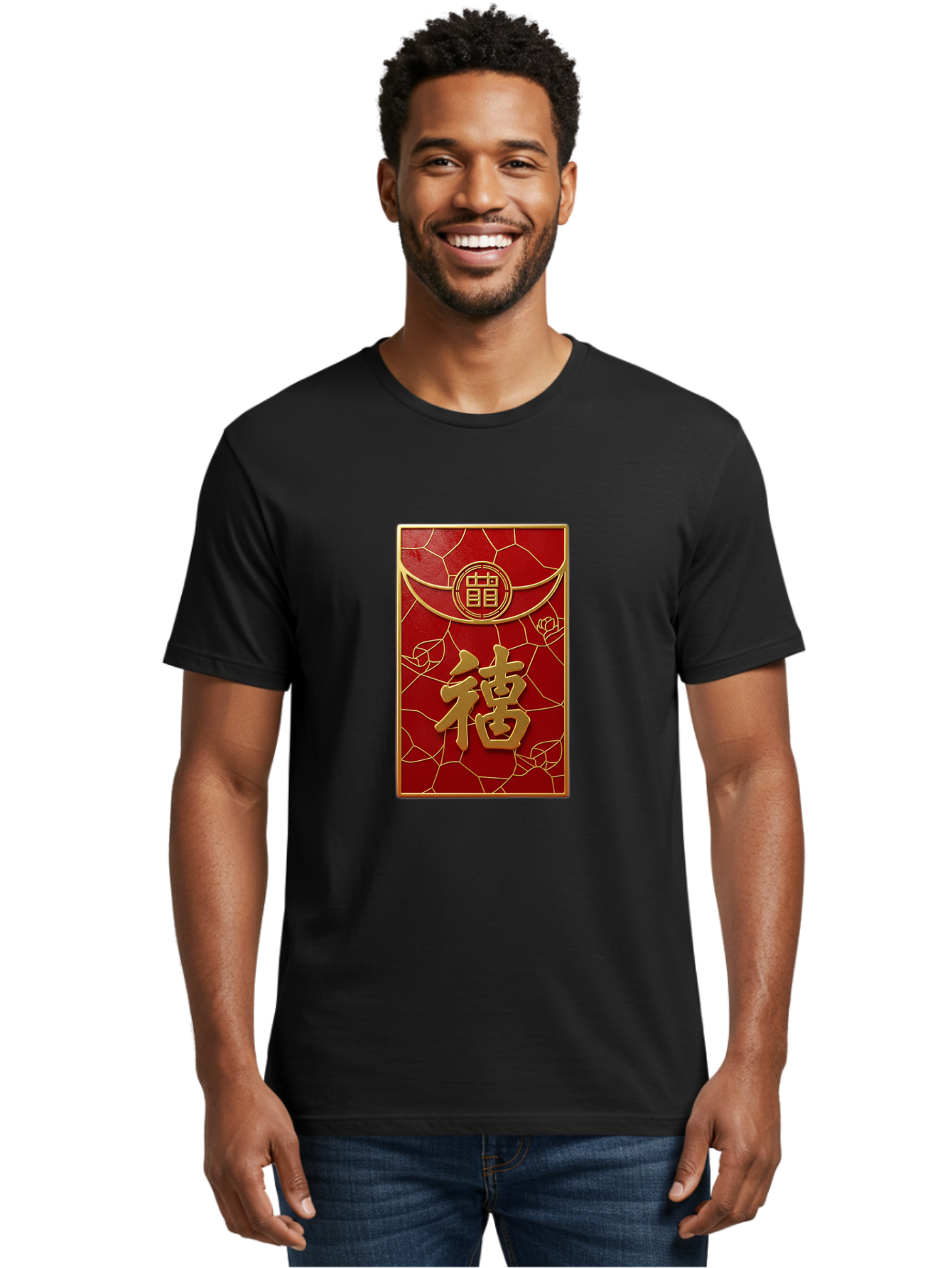 Fu-2 Men'S Graphic Tee, 100% Cotton, Comfortable Casual Summer Wear, Machine Washable, Red Envelope, Gold Chinese Characters, Chinese New Year, Prosperity Symbol, Lucky Money, Cultural Heritage, Traditional Gift, Fu Character, Elegant Design, Baa694
