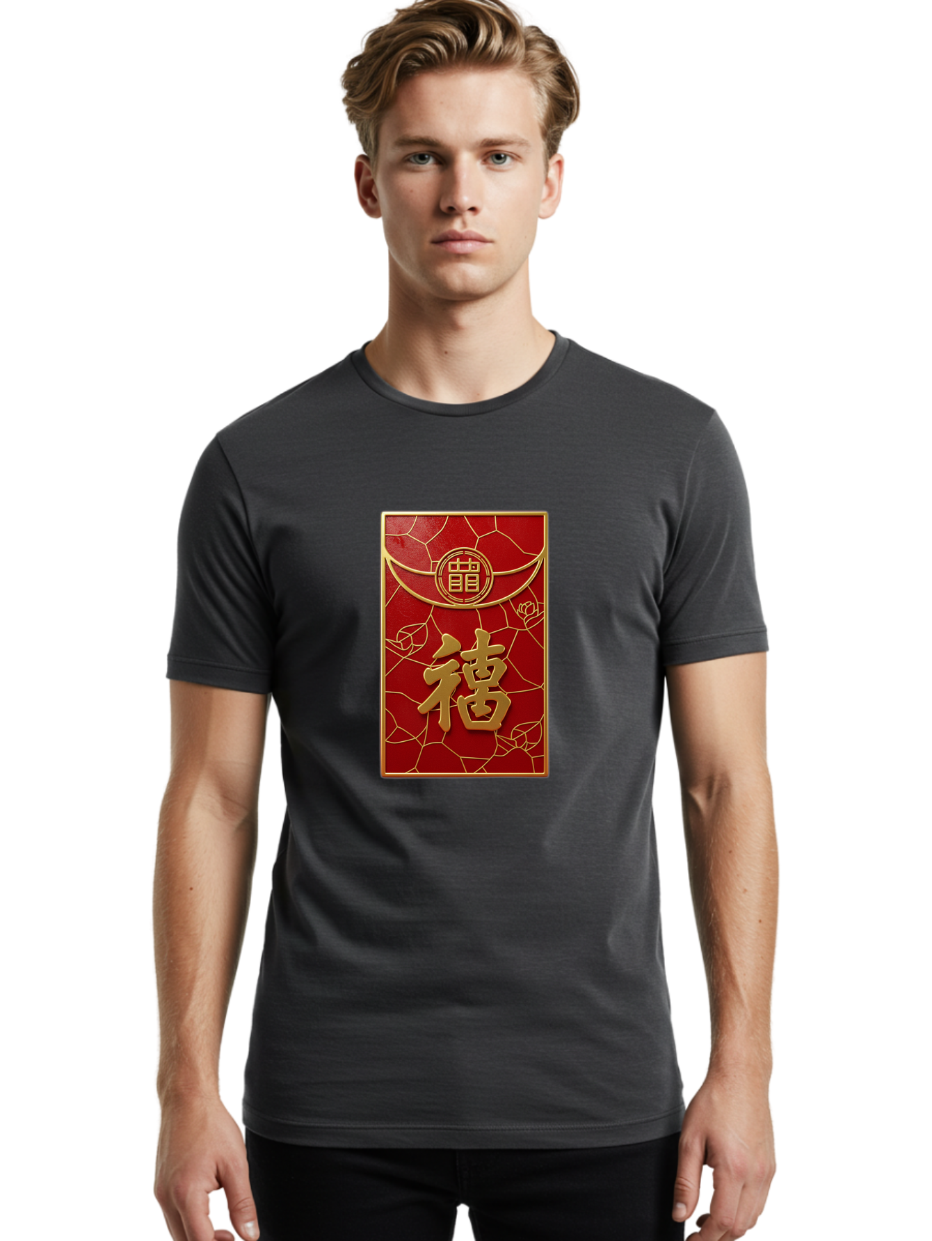 Fu-2 Men'S Graphic Tee, 100% Cotton, Comfortable Casual Summer Wear, Machine Washable, Red Envelope, Gold Chinese Characters, Chinese New Year, Prosperity Symbol, Lucky Money, Cultural Heritage, Traditional Gift, Fu Character, Elegant Design, Baa694
