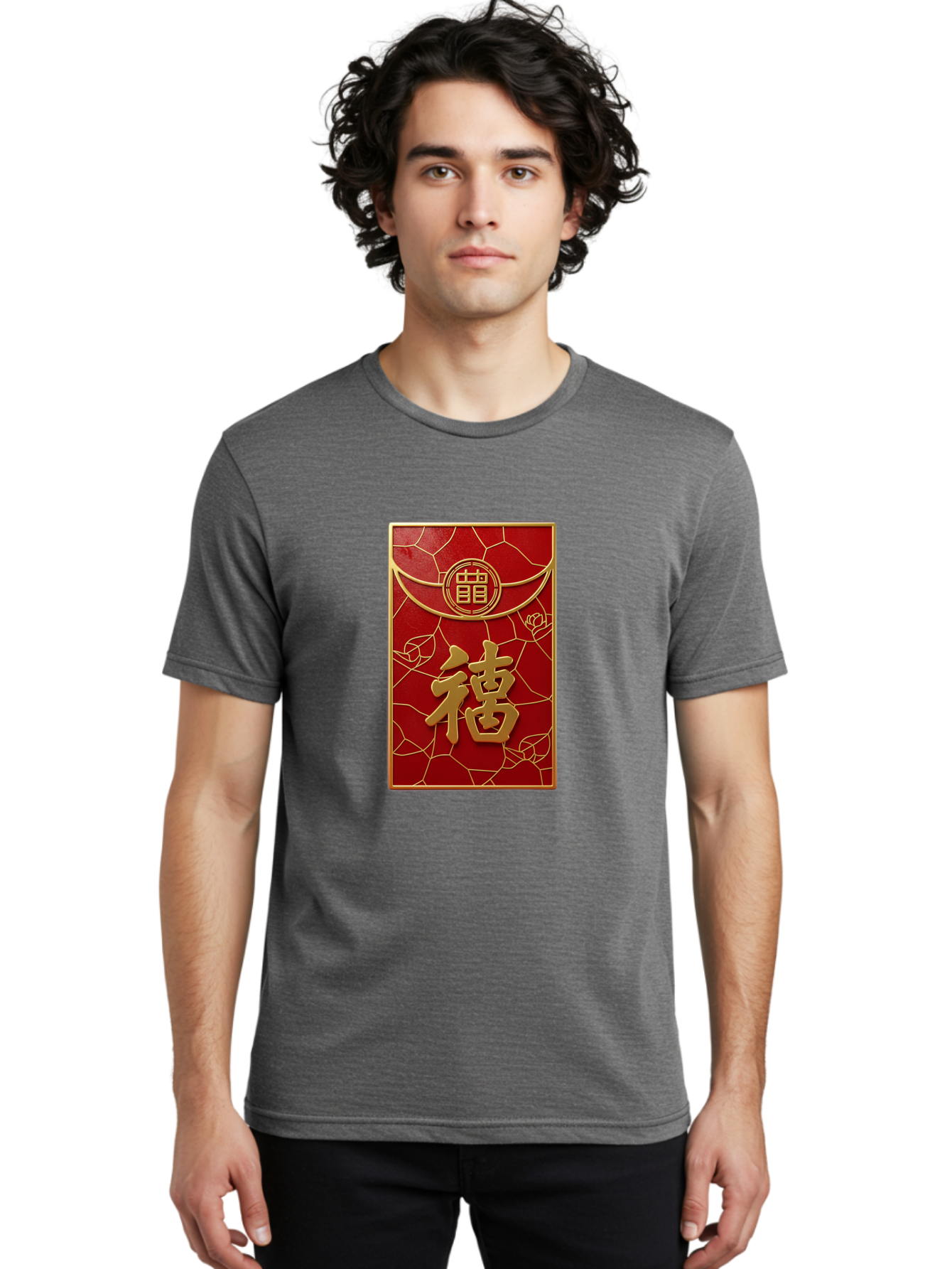 Fu-2 Men'S Graphic Tee, 100% Cotton, Comfortable Casual Summer Wear, Machine Washable, Red Envelope, Gold Chinese Characters, Chinese New Year, Prosperity Symbol, Lucky Money, Cultural Heritage, Traditional Gift, Fu Character, Elegant Design, Baa694