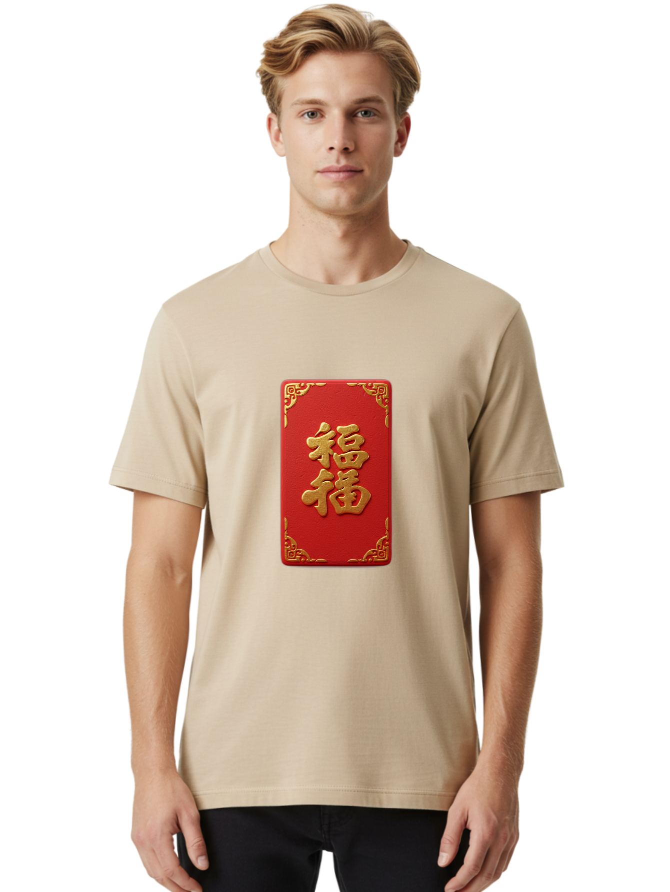 Fu-3 Men'S Graphic Tee, 100% Cotton, Comfortable Casual Summer Wear, Machine Washable, Red Envelope, Gold Trim, Chinese New Year, Good Fortune, Prosperity, Luck, Traditional Culture, Chinese Character Baa695
