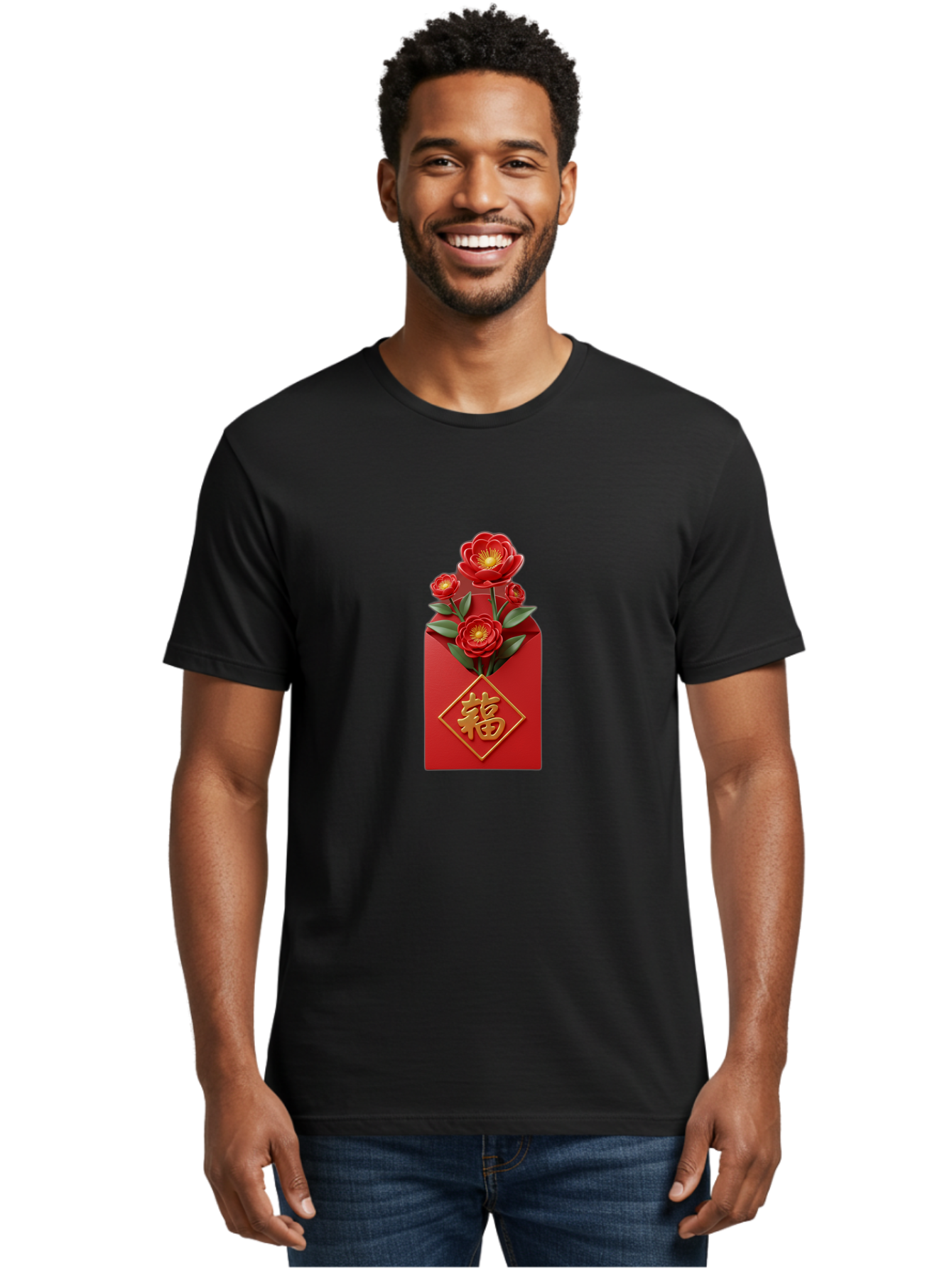 Fu-Red-Envelope-1 Men'S Graphic Tee, 100% Cotton, Comfortable Casual Summer Wear, Machine Washable, Red Envelope With Flowers, Chinese New Year Decoration, Blooming Flowers, Gold Chinese Character, Fu Symbol, Prosperity Symbol, Good Fortune, Baa703