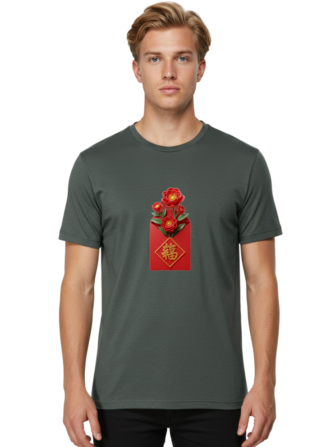 Fu-Red-Envelope-1 Men'S Graphic Tee, 100% Cotton, Comfortable Casual Summer Wear, Machine Washable, Red Envelope With Flowers, Chinese New Year Decoration, Blooming Flowers, Gold Chinese Character, Fu Symbol, Prosperity Symbol, Good Fortune, Baa703