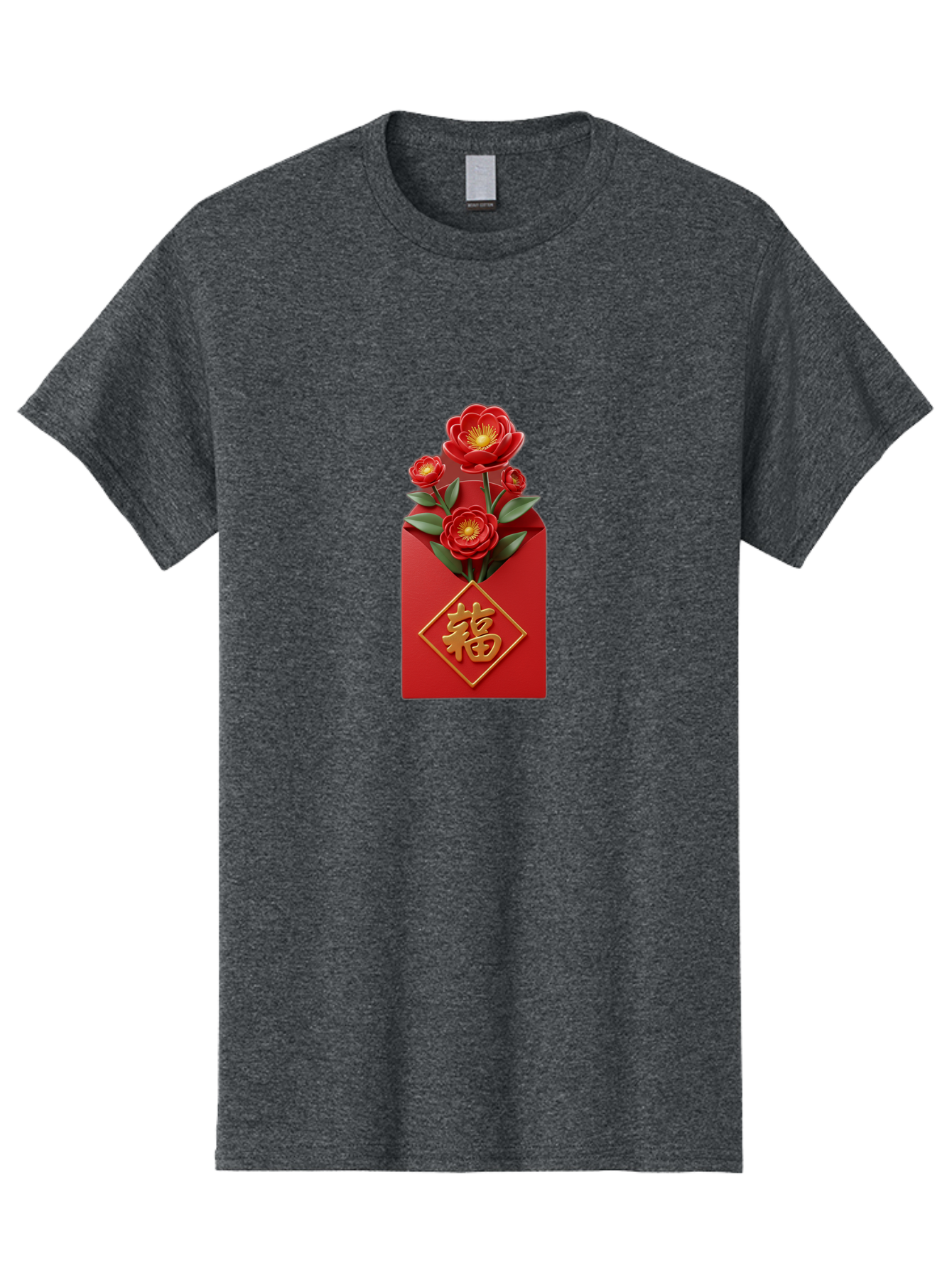 Fu-Red-Envelope-1 Men'S Graphic Tee, 100% Cotton, Comfortable Casual Summer Wear, Machine Washable, Red Envelope With Flowers, Chinese New Year Decoration, Blooming Flowers, Gold Chinese Character, Fu Symbol, Prosperity Symbol, Good Fortune, Baa703