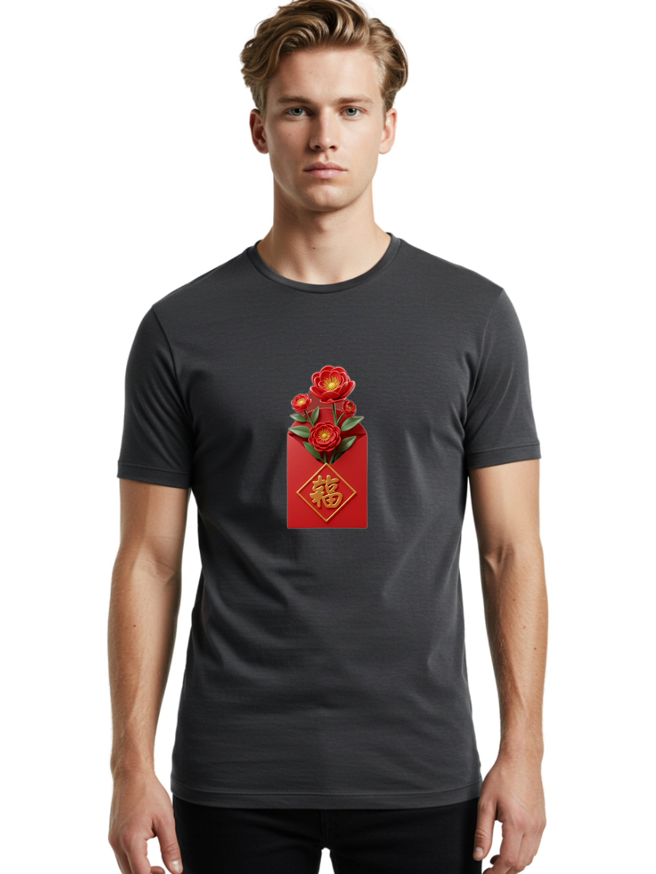 Fu-Red-Envelope-1 Men'S Graphic Tee, 100% Cotton, Comfortable Casual Summer Wear, Machine Washable, Red Envelope With Flowers, Chinese New Year Decoration, Blooming Flowers, Gold Chinese Character, Fu Symbol, Prosperity Symbol, Good Fortune, Baa703