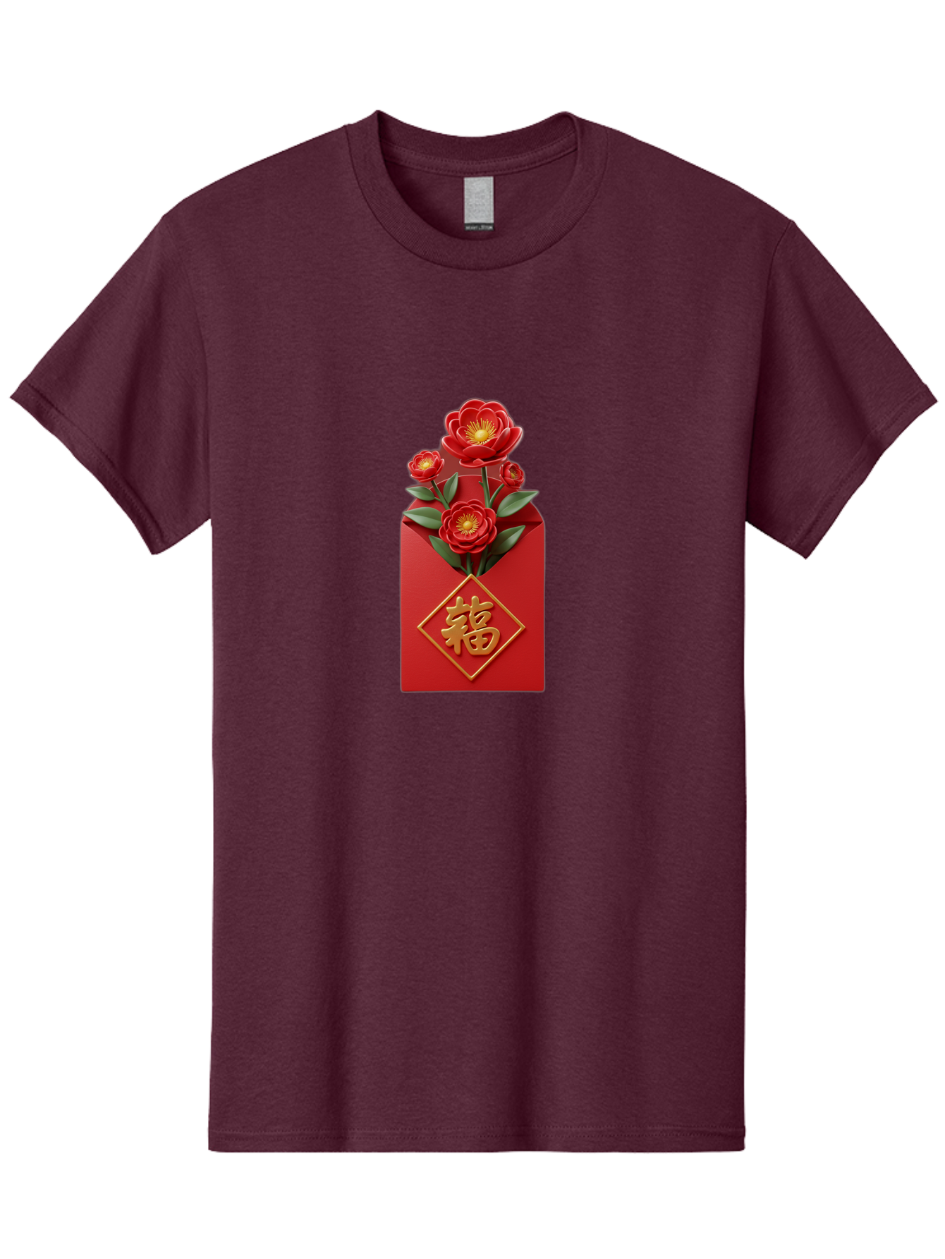 Fu-Red-Envelope-1 Men'S Graphic Tee, 100% Cotton, Comfortable Casual Summer Wear, Machine Washable, Red Envelope With Flowers, Chinese New Year Decoration, Blooming Flowers, Gold Chinese Character, Fu Symbol, Prosperity Symbol, Good Fortune, Baa703