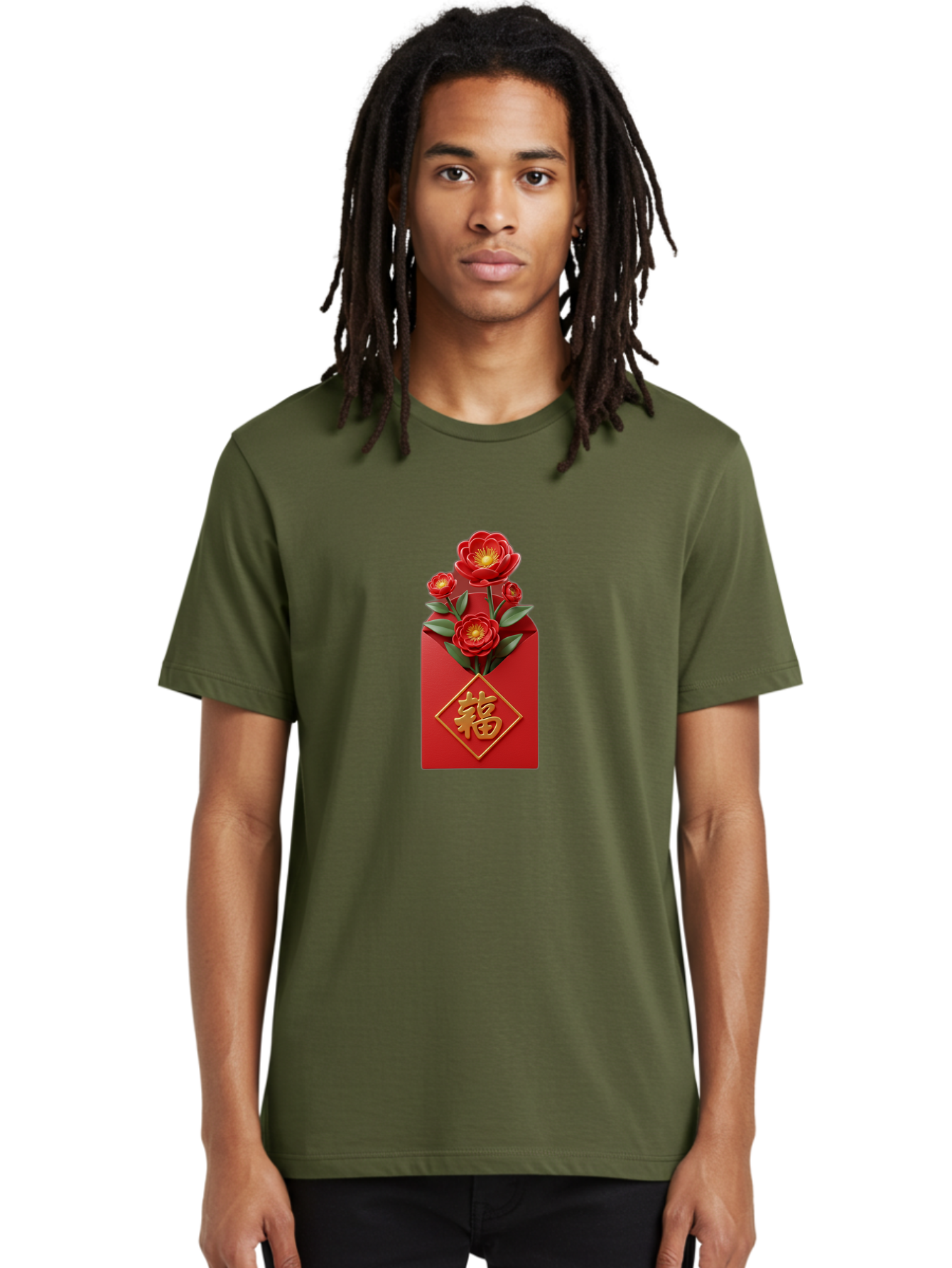 Fu-Red-Envelope-1 Men'S Graphic Tee, 100% Cotton, Comfortable Casual Summer Wear, Machine Washable, Red Envelope With Flowers, Chinese New Year Decoration, Blooming Flowers, Gold Chinese Character, Fu Symbol, Prosperity Symbol, Good Fortune, Baa703