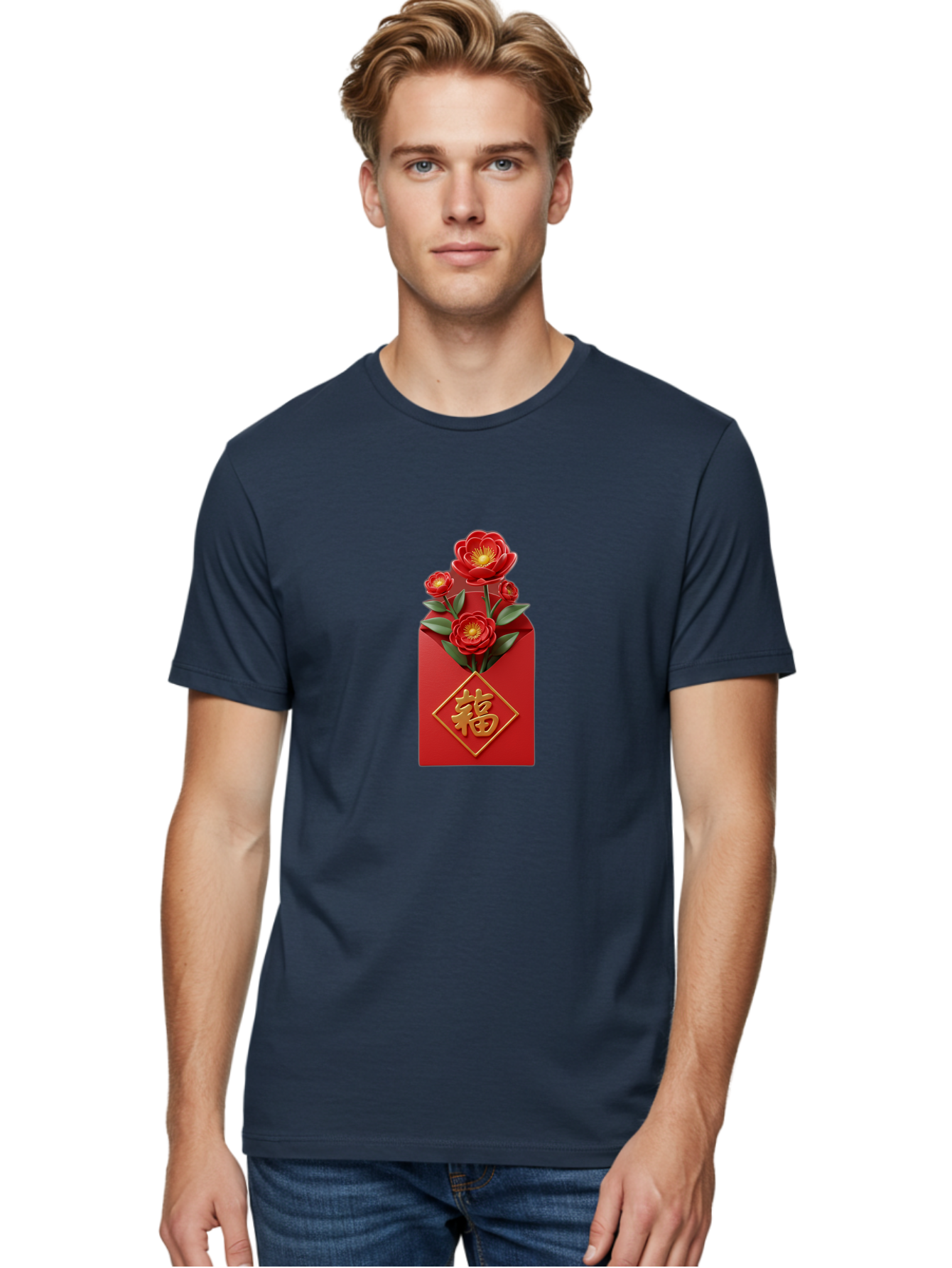 Fu-Red-Envelope-1 Men'S Graphic Tee, 100% Cotton, Comfortable Casual Summer Wear, Machine Washable, Red Envelope With Flowers, Chinese New Year Decoration, Blooming Flowers, Gold Chinese Character, Fu Symbol, Prosperity Symbol, Good Fortune, Baa703