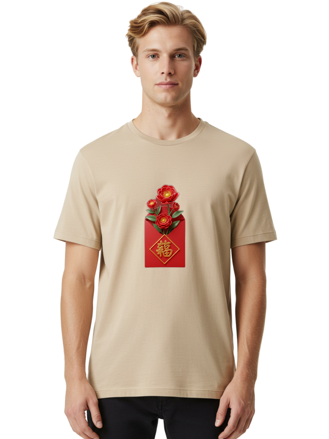 Fu-Red-Envelope-1 Men'S Graphic Tee, 100% Cotton, Comfortable Casual Summer Wear, Machine Washable, Red Envelope With Flowers, Chinese New Year Decoration, Blooming Flowers, Gold Chinese Character, Fu Symbol, Prosperity Symbol, Good Fortune, Baa703