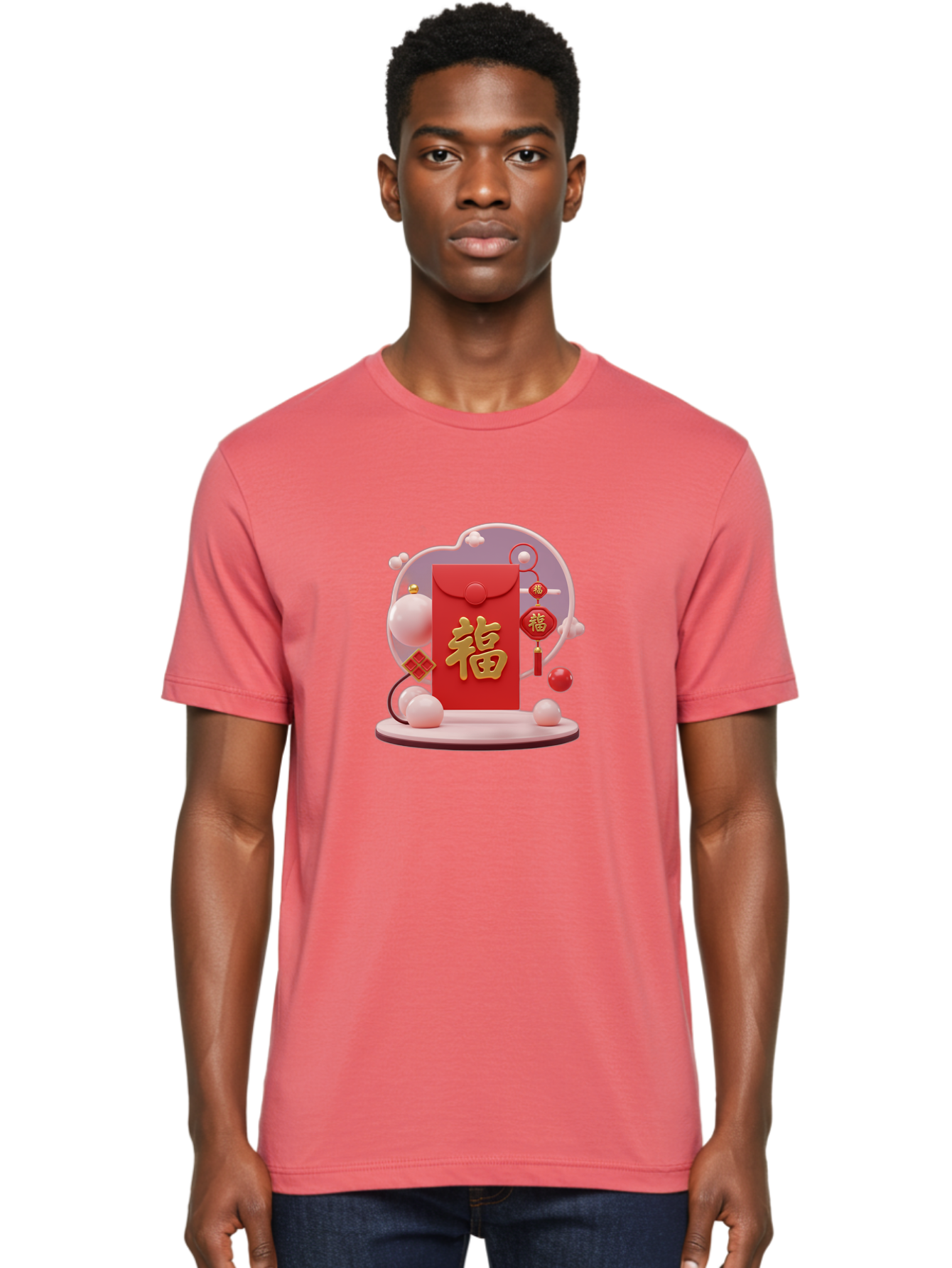 Fu-Red-Envelope Men'S Graphic Tee, 100% Cotton, Comfortable Casual Summer Wear, Machine Washable, Red Envelope, Chinese New Year, Fu Character, Gold Symbol, Traditional Decoration, Cultural Heritage, Prosperity, Good Fortune, Baa704