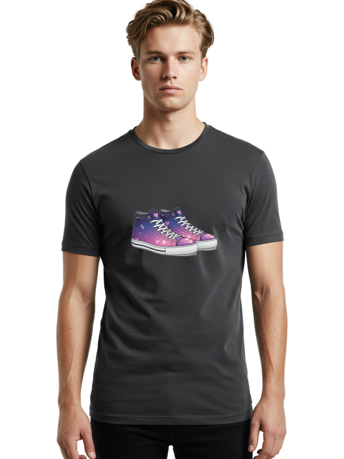 Galaxy-Sneakers Men'S Graphic Tee, 100% Cotton, Comfortable Casual Summer Wear, Machine Washable, Galaxy Print Sneakers, Purple And Pink Ombre, Heart Details, White Laces, Platform Shoes, Fashion Sneakers, Trendy Footwear, Cartoon Style, Baa707