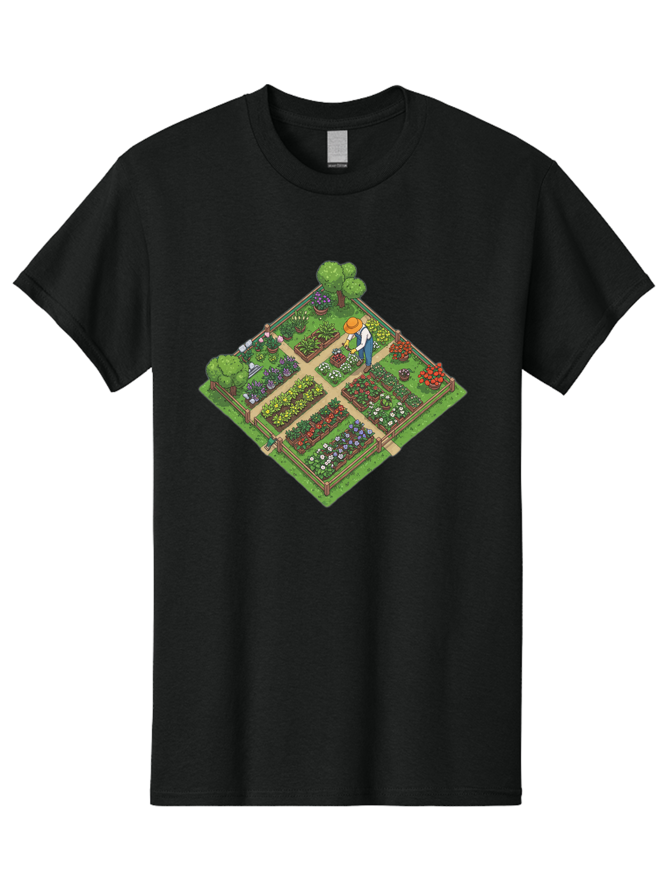 Garden-Scene Men'S Graphic Tee, 100% Cotton, Comfortable Casual Summer Wear, Machine Washable, Gardening Scene, Garden Landscape, Flower Beds, Vibrant Flowers, Gardener At Work, Wooden Fence, Lush Greenery, Serene Atmosphere, Isometric View, Baa710