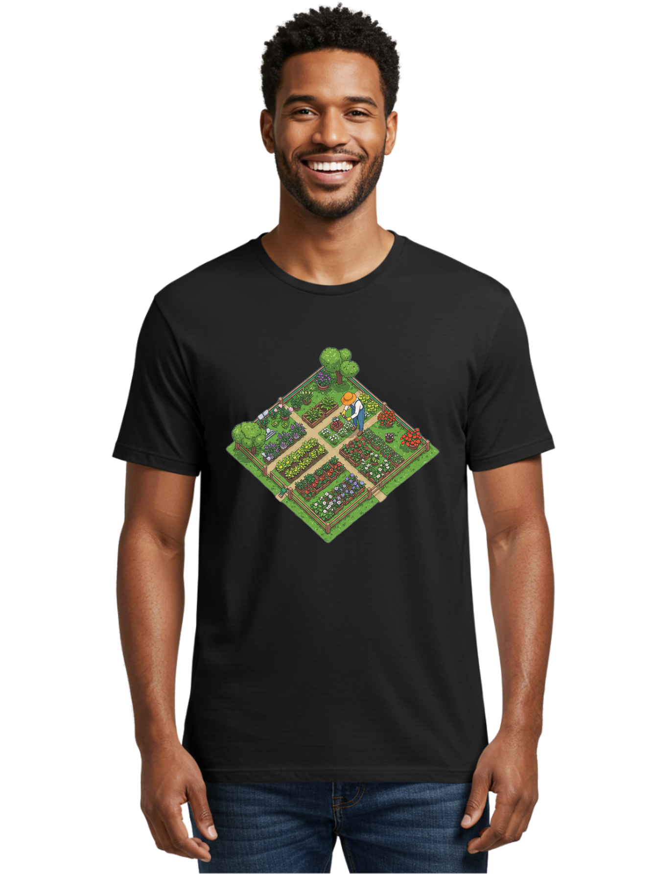 Garden-Scene Men'S Graphic Tee, 100% Cotton, Comfortable Casual Summer Wear, Machine Washable, Gardening Scene, Garden Landscape, Flower Beds, Vibrant Flowers, Gardener At Work, Wooden Fence, Lush Greenery, Serene Atmosphere, Isometric View, Baa710