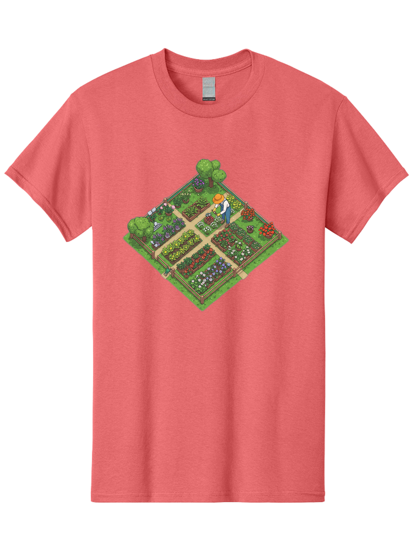 Garden-Scene Men'S Graphic Tee, 100% Cotton, Comfortable Casual Summer Wear, Machine Washable, Gardening Scene, Garden Landscape, Flower Beds, Vibrant Flowers, Gardener At Work, Wooden Fence, Lush Greenery, Serene Atmosphere, Isometric View, Baa710