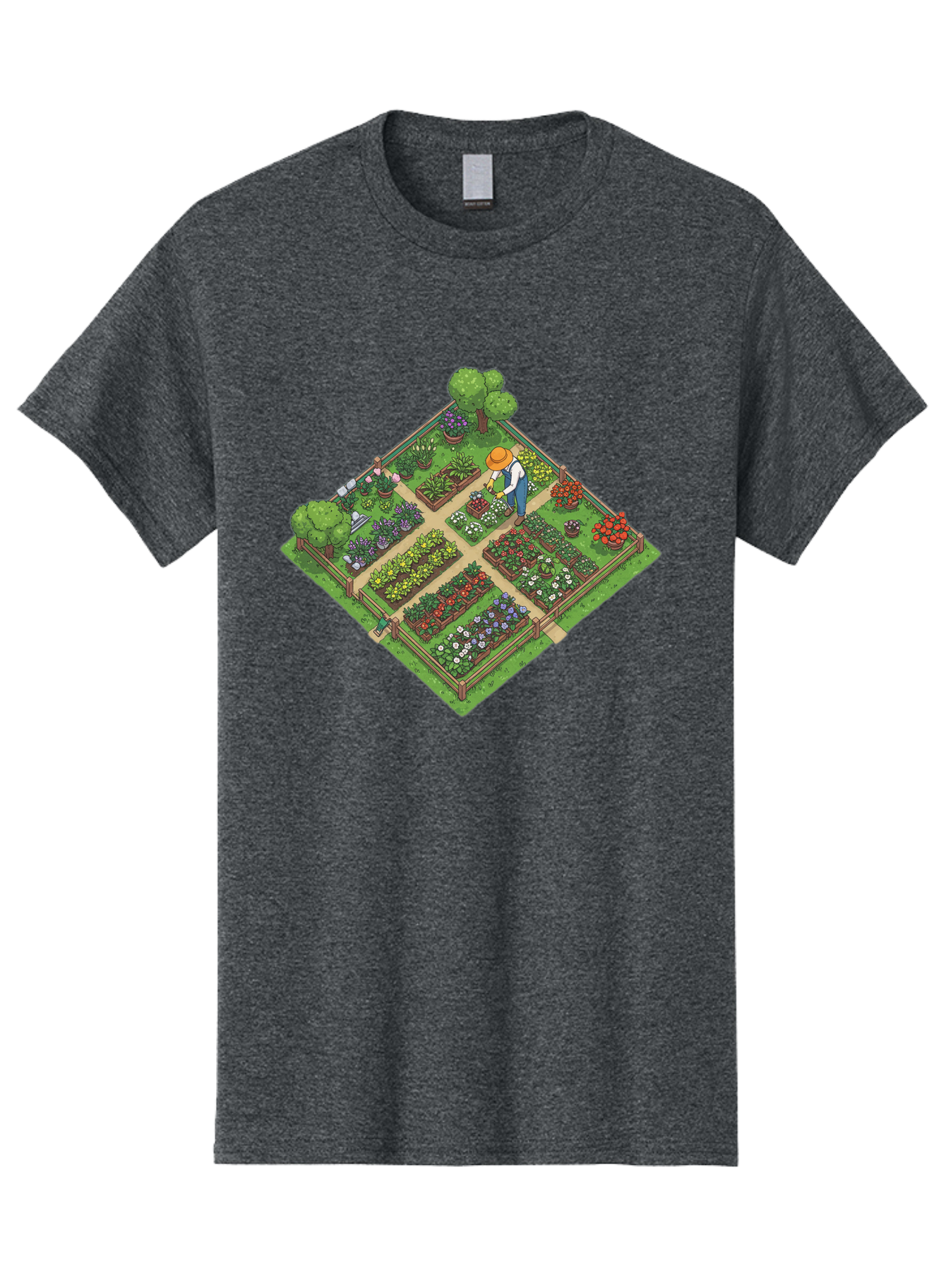 Garden-Scene Men'S Graphic Tee, 100% Cotton, Comfortable Casual Summer Wear, Machine Washable, Gardening Scene, Garden Landscape, Flower Beds, Vibrant Flowers, Gardener At Work, Wooden Fence, Lush Greenery, Serene Atmosphere, Isometric View, Baa710