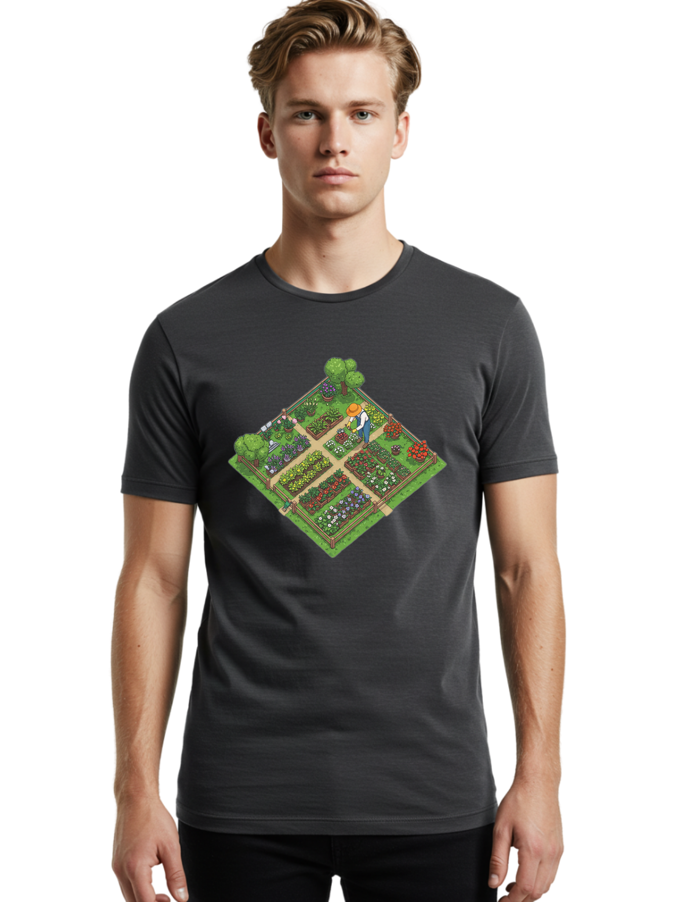 Garden-Scene Men'S Graphic Tee, 100% Cotton, Comfortable Casual Summer Wear, Machine Washable, Gardening Scene, Garden Landscape, Flower Beds, Vibrant Flowers, Gardener At Work, Wooden Fence, Lush Greenery, Serene Atmosphere, Isometric View, Baa710
