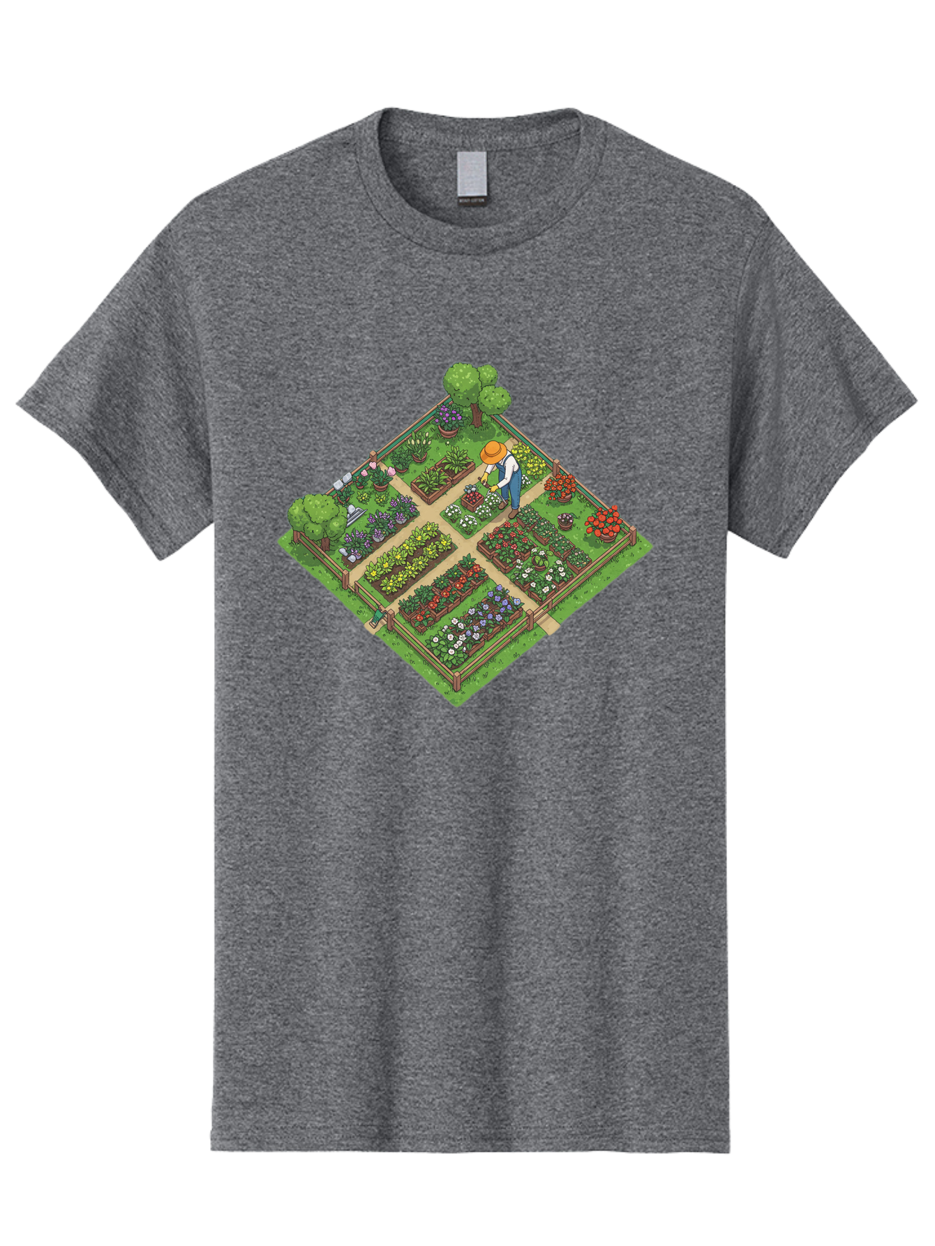 Garden-Scene Men'S Graphic Tee, 100% Cotton, Comfortable Casual Summer Wear, Machine Washable, Gardening Scene, Garden Landscape, Flower Beds, Vibrant Flowers, Gardener At Work, Wooden Fence, Lush Greenery, Serene Atmosphere, Isometric View, Baa710
