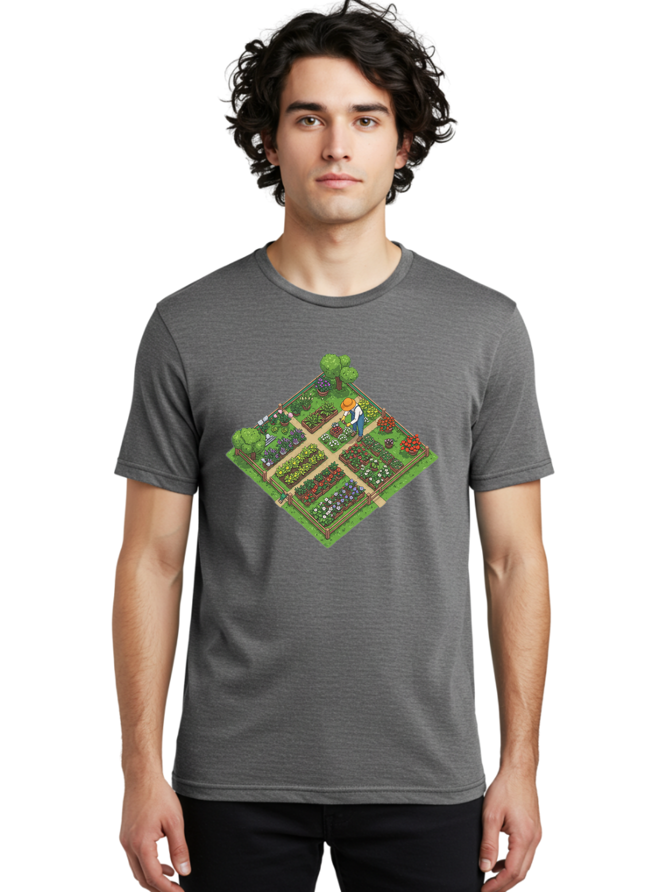 Garden-Scene Men'S Graphic Tee, 100% Cotton, Comfortable Casual Summer Wear, Machine Washable, Gardening Scene, Garden Landscape, Flower Beds, Vibrant Flowers, Gardener At Work, Wooden Fence, Lush Greenery, Serene Atmosphere, Isometric View, Baa710