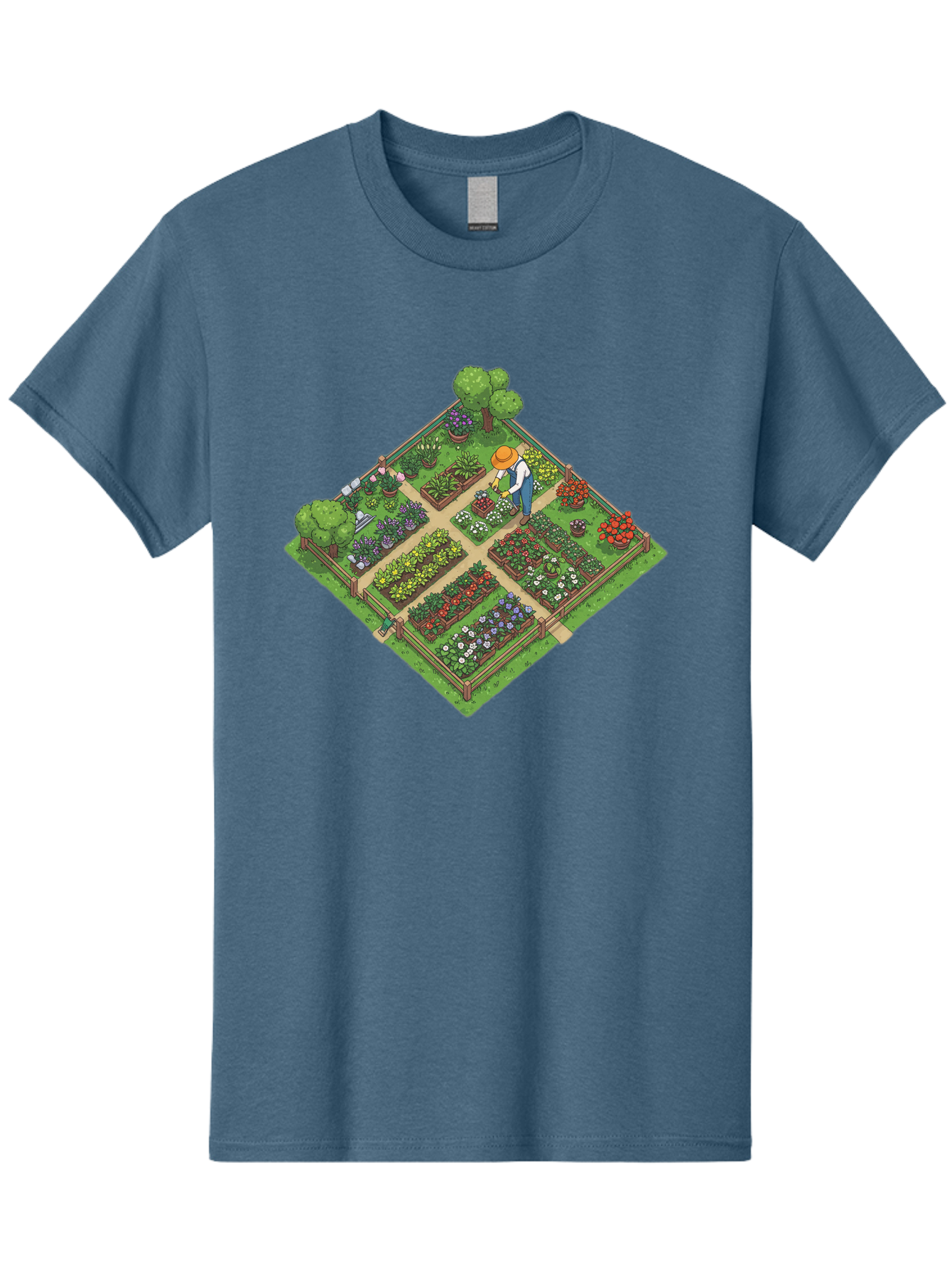 Garden-Scene Men'S Graphic Tee, 100% Cotton, Comfortable Casual Summer Wear, Machine Washable, Gardening Scene, Garden Landscape, Flower Beds, Vibrant Flowers, Gardener At Work, Wooden Fence, Lush Greenery, Serene Atmosphere, Isometric View, Baa710