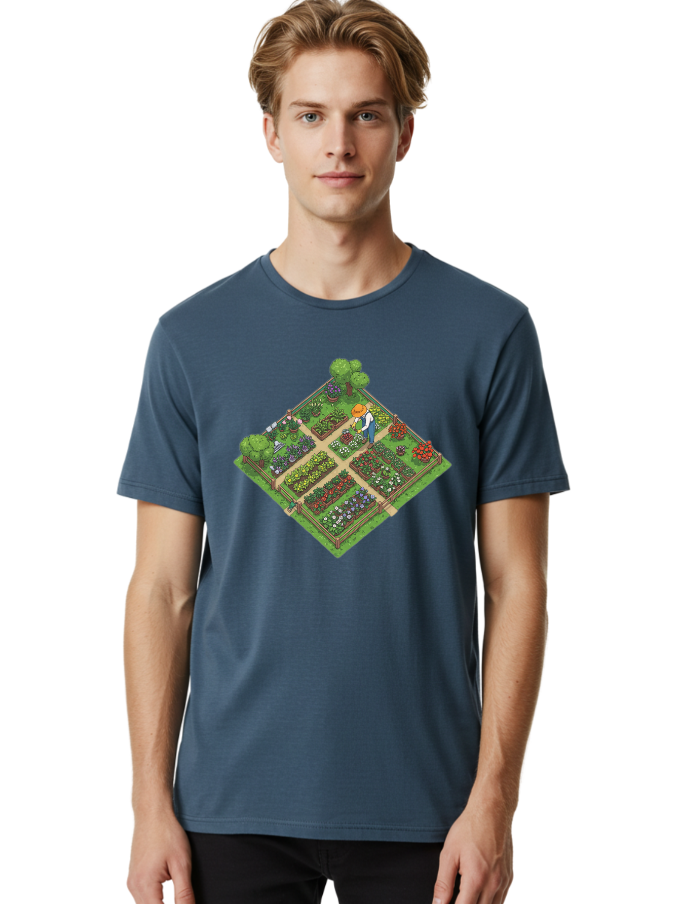 Garden-Scene Men'S Graphic Tee, 100% Cotton, Comfortable Casual Summer Wear, Machine Washable, Gardening Scene, Garden Landscape, Flower Beds, Vibrant Flowers, Gardener At Work, Wooden Fence, Lush Greenery, Serene Atmosphere, Isometric View, Baa710