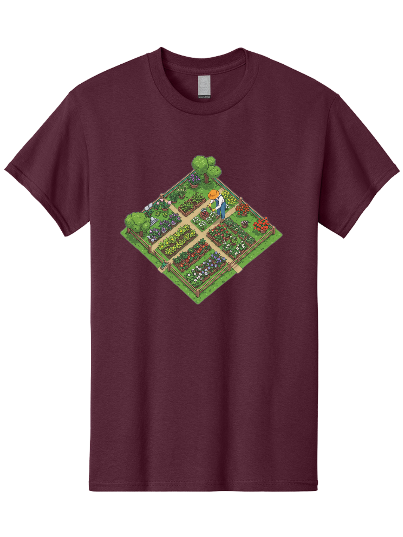Garden-Scene Men'S Graphic Tee, 100% Cotton, Comfortable Casual Summer Wear, Machine Washable, Gardening Scene, Garden Landscape, Flower Beds, Vibrant Flowers, Gardener At Work, Wooden Fence, Lush Greenery, Serene Atmosphere, Isometric View, Baa710