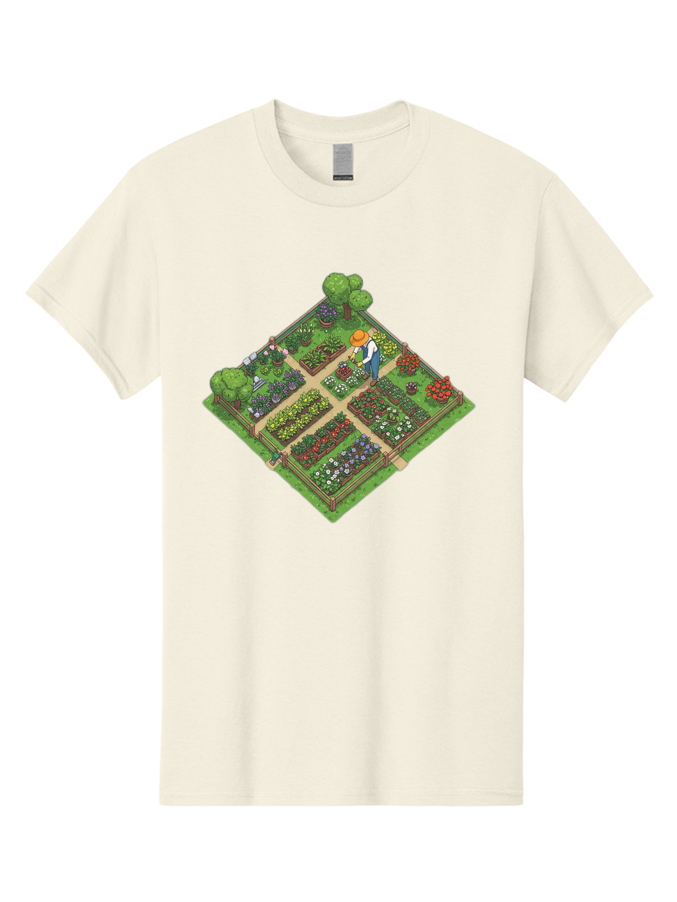 Garden-Scene Men'S Graphic Tee, 100% Cotton, Comfortable Casual Summer Wear, Machine Washable, Gardening Scene, Garden Landscape, Flower Beds, Vibrant Flowers, Gardener At Work, Wooden Fence, Lush Greenery, Serene Atmosphere, Isometric View, Baa710
