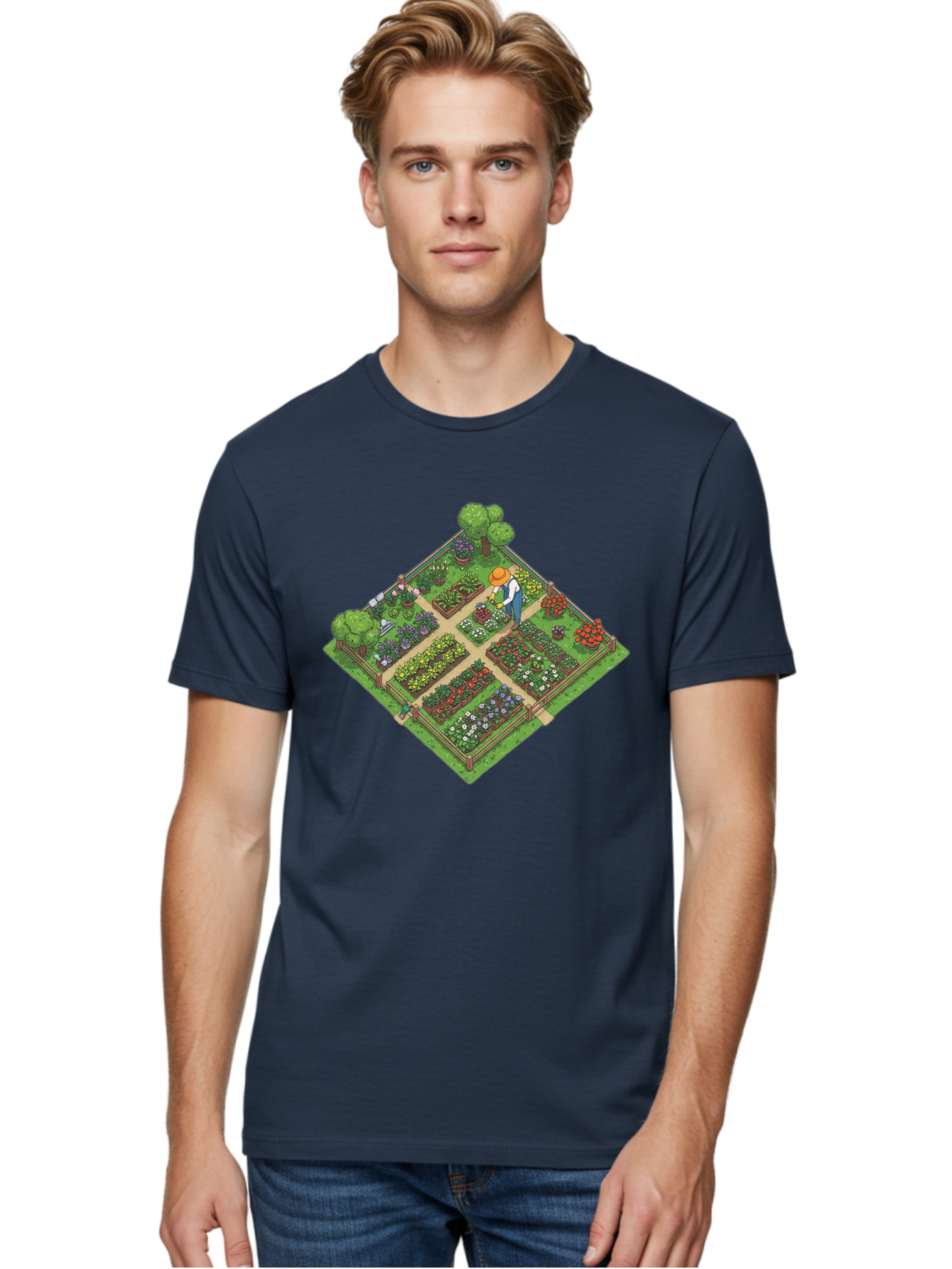 Garden-Scene Men'S Graphic Tee, 100% Cotton, Comfortable Casual Summer Wear, Machine Washable, Gardening Scene, Garden Landscape, Flower Beds, Vibrant Flowers, Gardener At Work, Wooden Fence, Lush Greenery, Serene Atmosphere, Isometric View, Baa710