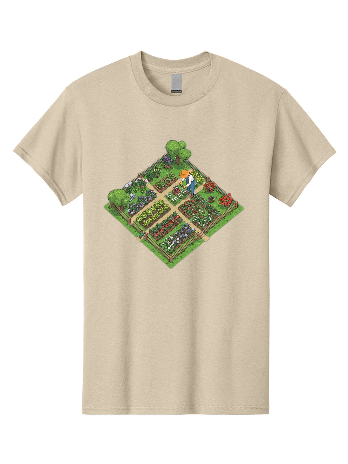 Garden-Scene Men'S Graphic Tee, 100% Cotton, Comfortable Casual Summer Wear, Machine Washable, Gardening Scene, Garden Landscape, Flower Beds, Vibrant Flowers, Gardener At Work, Wooden Fence, Lush Greenery, Serene Atmosphere, Isometric View, Baa710