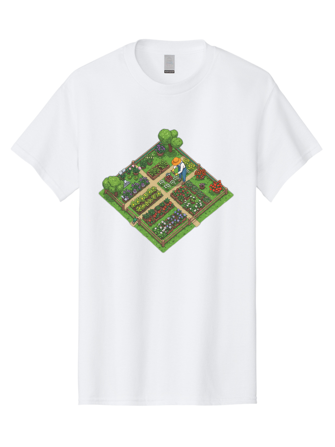 Garden-Scene Men'S Graphic Tee, 100% Cotton, Comfortable Casual Summer Wear, Machine Washable, Gardening Scene, Garden Landscape, Flower Beds, Vibrant Flowers, Gardener At Work, Wooden Fence, Lush Greenery, Serene Atmosphere, Isometric View, Baa710