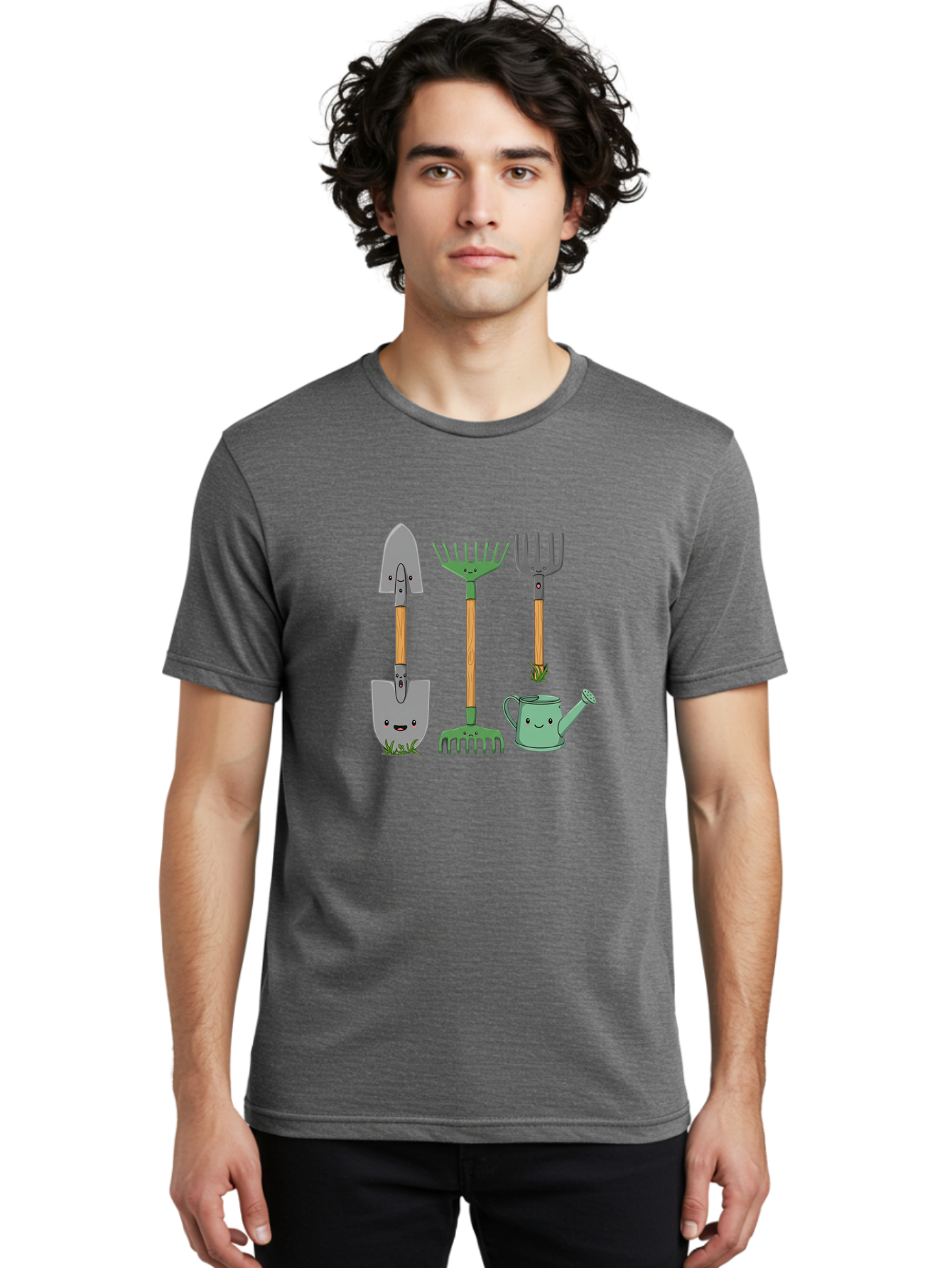Garden-Tools Men'S Graphic Tee, 100% Cotton, Comfortable Casual Summer Wear, Machine Washable, Cartoon Gardening Tools, Shovel, Rake, Pitchfork, Watering Can, Gardening Supplies, Anthropomorphic Objects, Cartoon Characters, Garden Accessories, Baa711