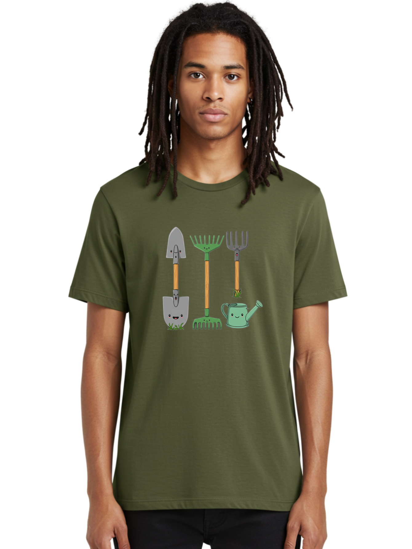 Garden-Tools Men'S Graphic Tee, 100% Cotton, Comfortable Casual Summer Wear, Machine Washable, Cartoon Gardening Tools, Shovel, Rake, Pitchfork, Watering Can, Gardening Supplies, Anthropomorphic Objects, Cartoon Characters, Garden Accessories, Baa711