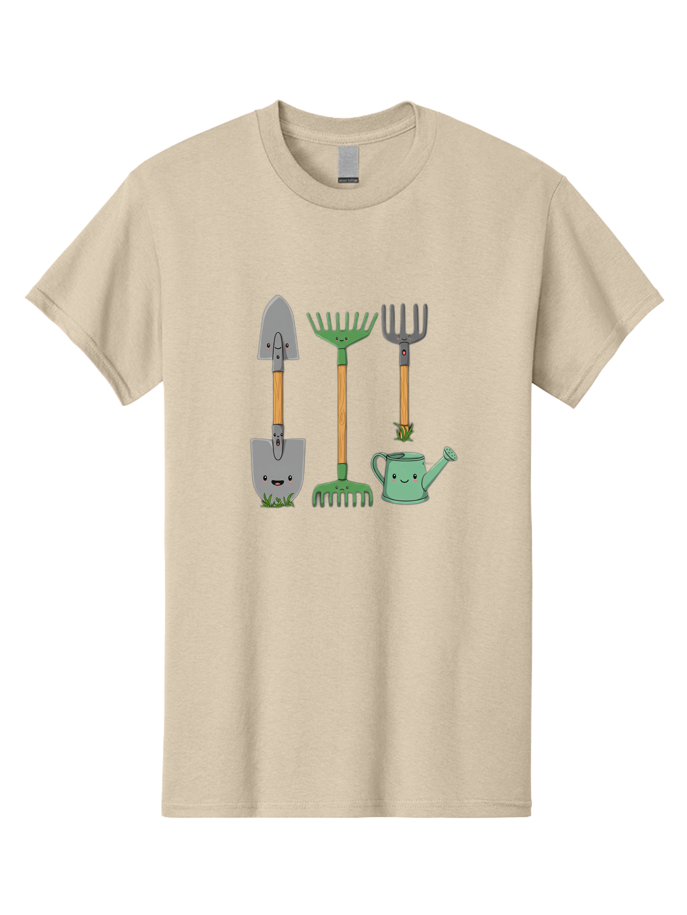Garden-Tools Men'S Graphic Tee, 100% Cotton, Comfortable Casual Summer Wear, Machine Washable, Cartoon Gardening Tools, Shovel, Rake, Pitchfork, Watering Can, Gardening Supplies, Anthropomorphic Objects, Cartoon Characters, Garden Accessories, Baa711