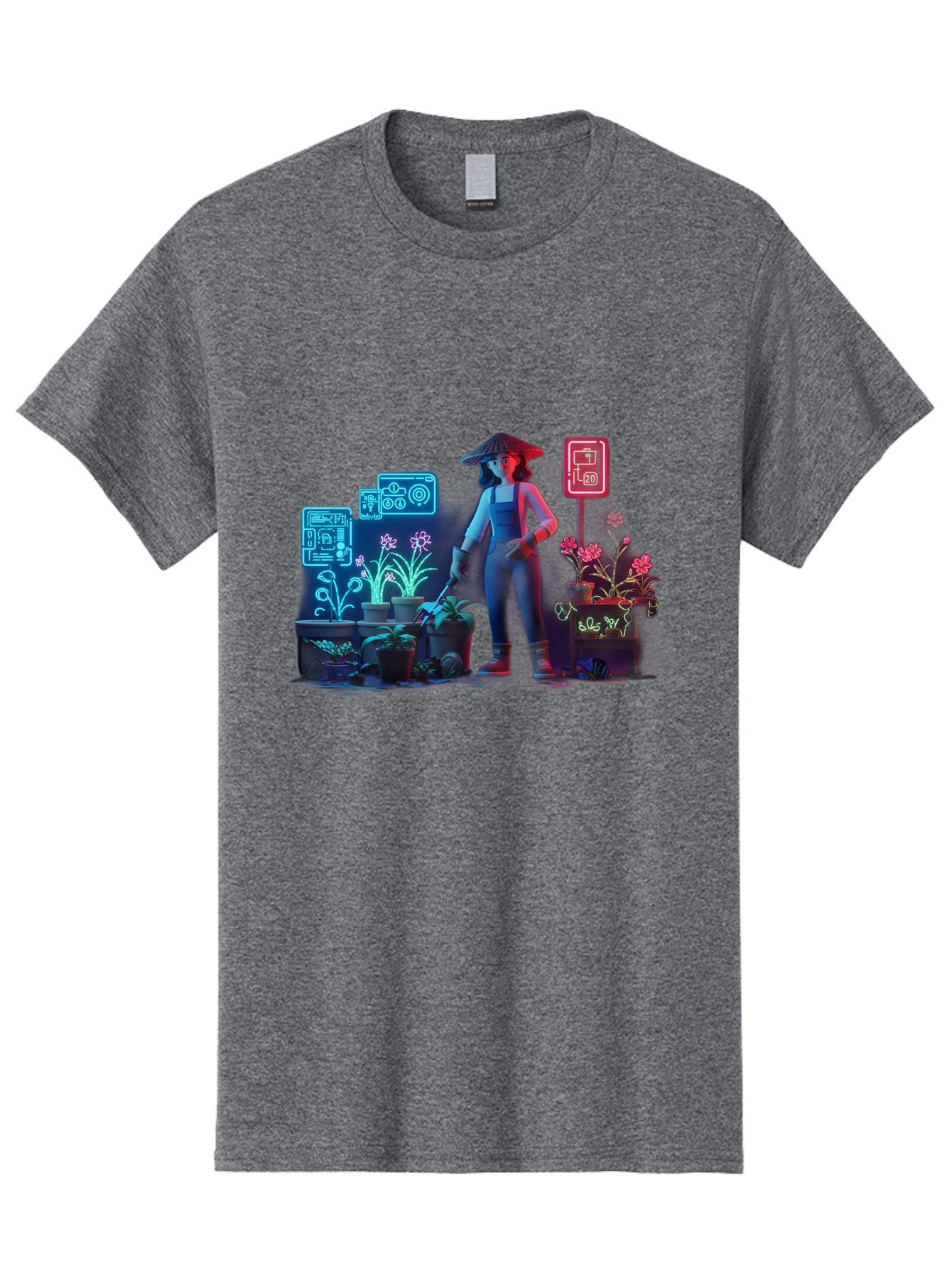 Gardener-1 Men'S Graphic Tee, 100% Cotton, Comfortable Casual Summer Wear, Machine Washable, Woman With Gardening Tool, Potted Plants, Futuristic Neon Signs, Smart Gardening, Innovative Agriculture, Digital Farming, Modern Farmer Baa712