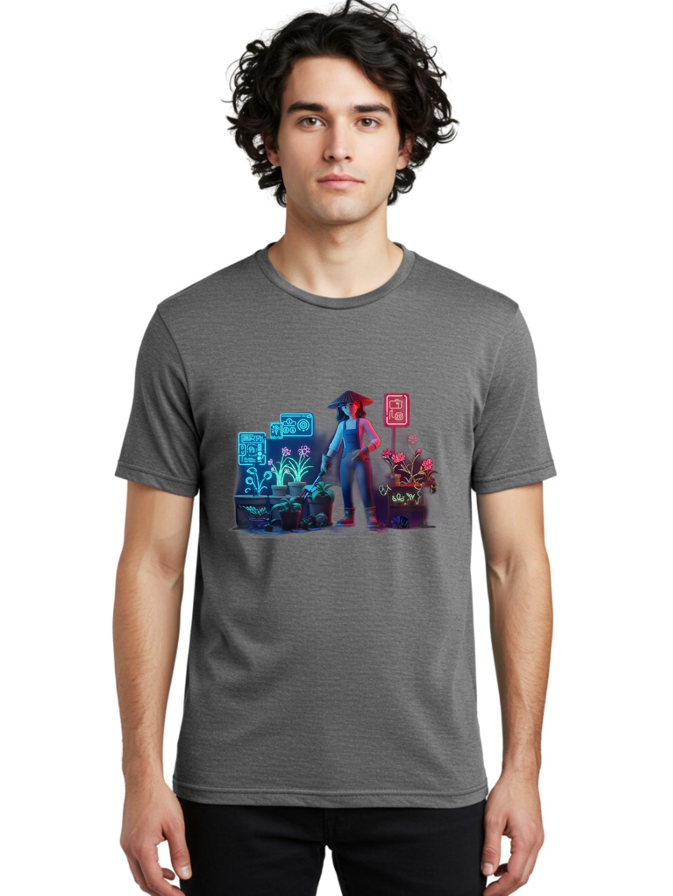 Gardener-1 Men'S Graphic Tee, 100% Cotton, Comfortable Casual Summer Wear, Machine Washable, Woman With Gardening Tool, Potted Plants, Futuristic Neon Signs, Smart Gardening, Innovative Agriculture, Digital Farming, Modern Farmer Baa712