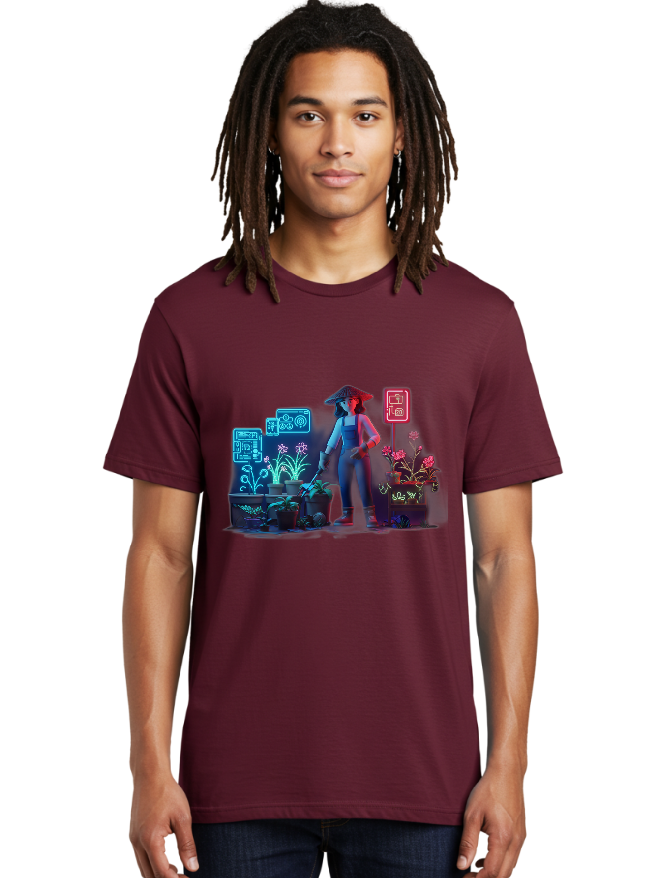 Gardener-1 Men'S Graphic Tee, 100% Cotton, Comfortable Casual Summer Wear, Machine Washable, Woman With Gardening Tool, Potted Plants, Futuristic Neon Signs, Smart Gardening, Innovative Agriculture, Digital Farming, Modern Farmer Baa712