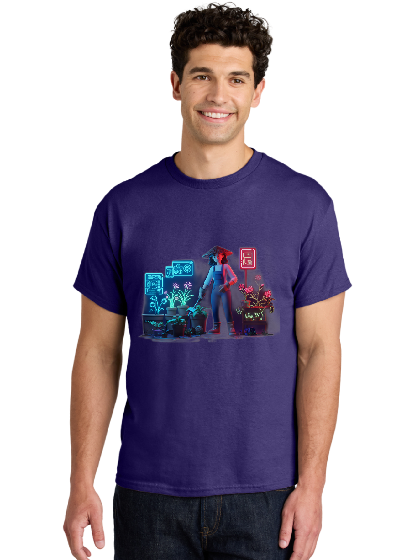 Gardener-1 Men'S Graphic Tee, 100% Cotton, Comfortable Casual Summer Wear, Machine Washable, Woman With Gardening Tool, Potted Plants, Futuristic Neon Signs, Smart Gardening, Innovative Agriculture, Digital Farming, Modern Farmer Baa712