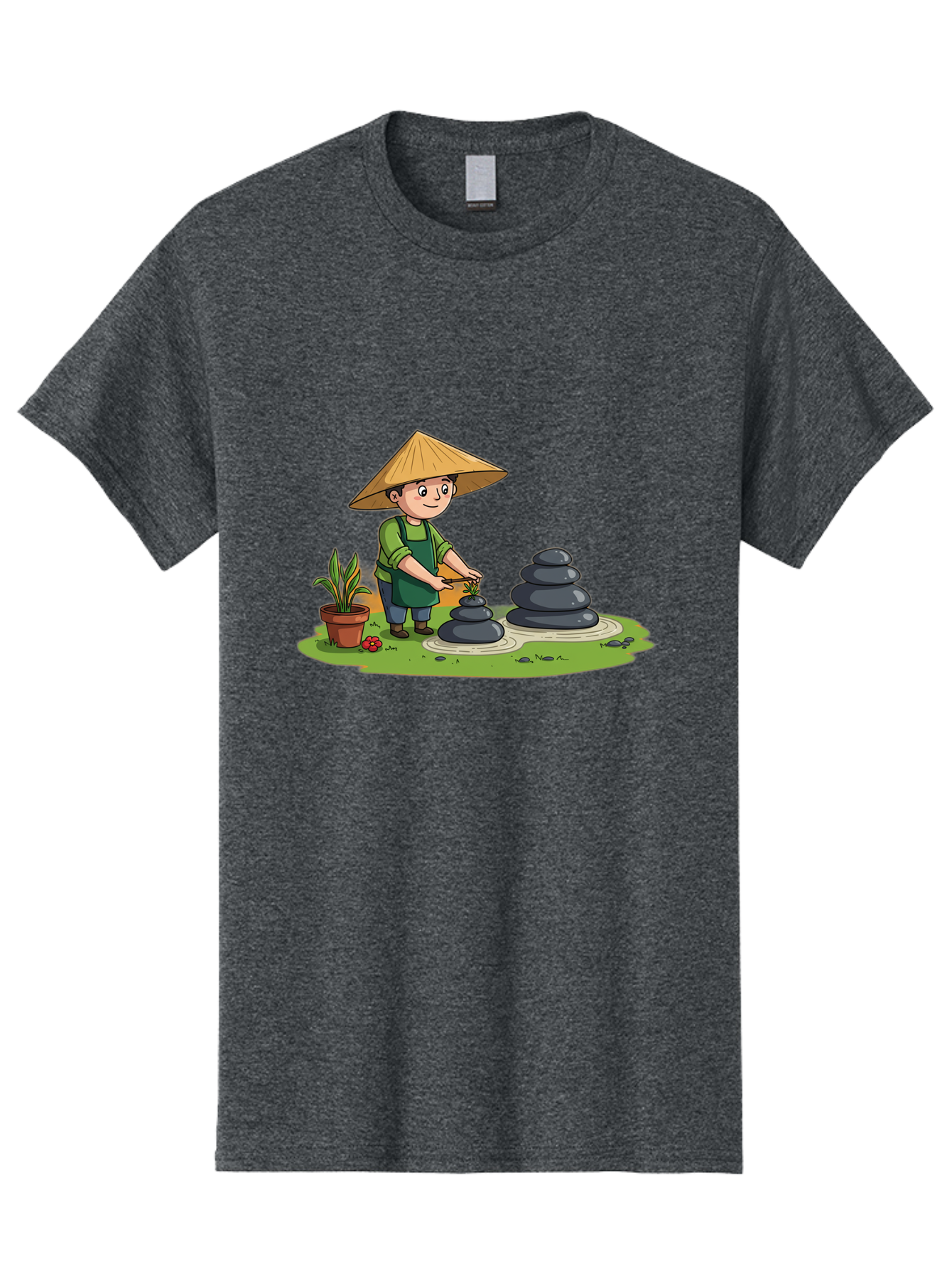 Gardener-Creating-Zen-Garden Men'S Graphic Tee, 100% Cotton, Comfortable Casual Summer Wear, Machine Washable, Gardener Wearing Traditional Hat, Stacking Stones, Zen Garden, Peaceful Atmosphere, Outdoor Scenery, Natural Beauty, Gardening, Baa714