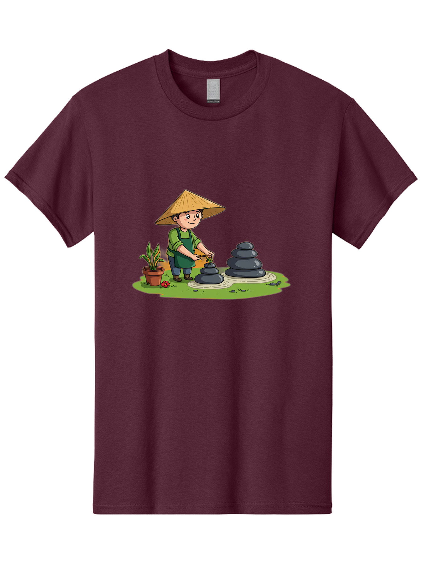 Gardener-Creating-Zen-Garden Men'S Graphic Tee, 100% Cotton, Comfortable Casual Summer Wear, Machine Washable, Gardener Wearing Traditional Hat, Stacking Stones, Zen Garden, Peaceful Atmosphere, Outdoor Scenery, Natural Beauty, Gardening, Baa714