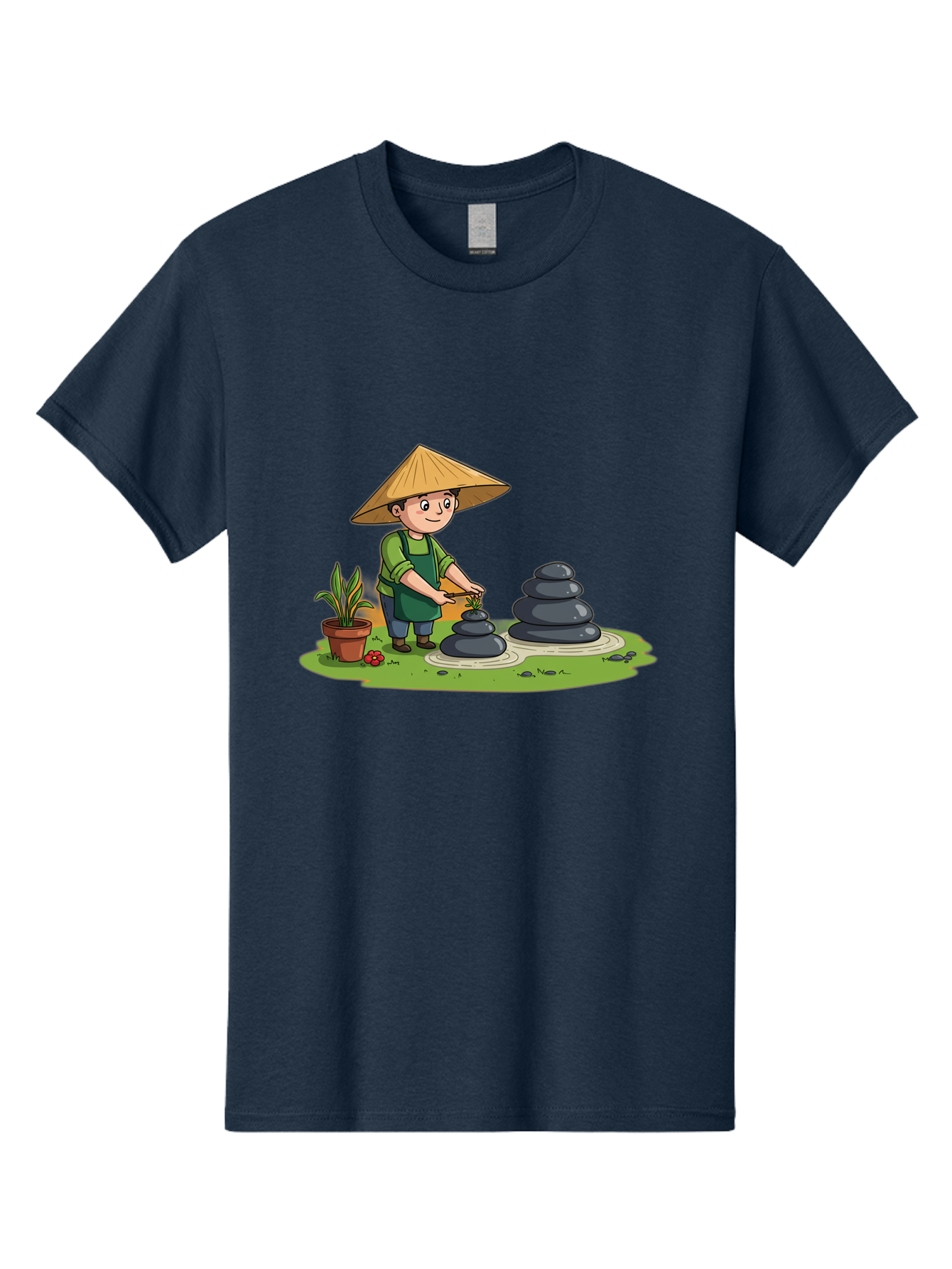 Gardener-Creating-Zen-Garden Men'S Graphic Tee, 100% Cotton, Comfortable Casual Summer Wear, Machine Washable, Gardener Wearing Traditional Hat, Stacking Stones, Zen Garden, Peaceful Atmosphere, Outdoor Scenery, Natural Beauty, Gardening, Baa714