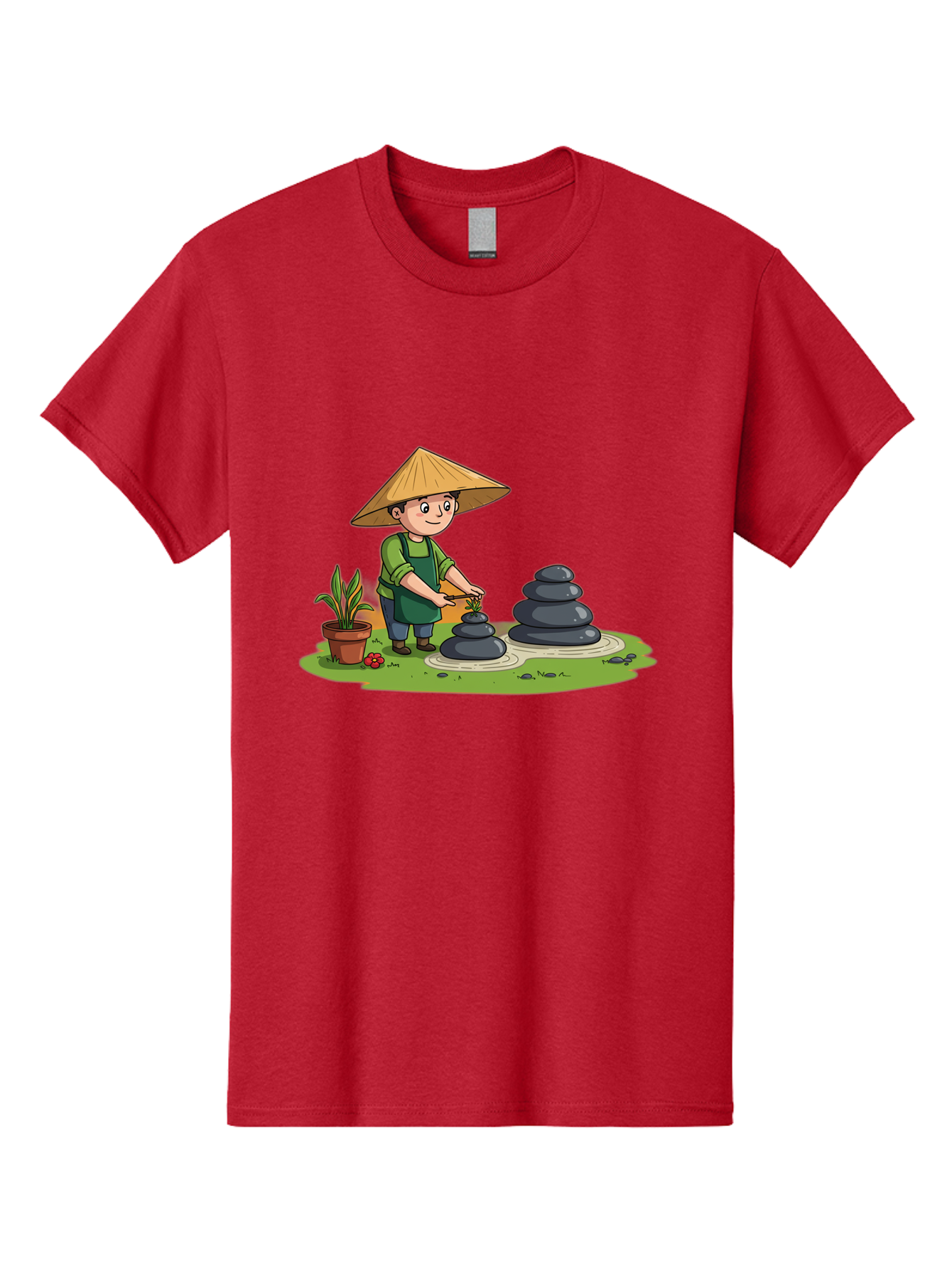Gardener-Creating-Zen-Garden Men'S Graphic Tee, 100% Cotton, Comfortable Casual Summer Wear, Machine Washable, Gardener Wearing Traditional Hat, Stacking Stones, Zen Garden, Peaceful Atmosphere, Outdoor Scenery, Natural Beauty, Gardening, Baa714