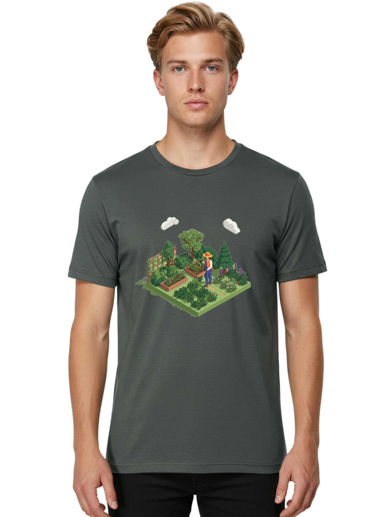 Gardener-In-Garden Men'S Graphic Tee, 100% Cotton, Comfortable Casual Summer Wear, Machine Washable, Gardener Tending Plants, Lush Greenery, Vibrant Flowers, Serene Atmosphere, Gardening Activities, Outdoor Space, Cultivating Nature, Baa715
