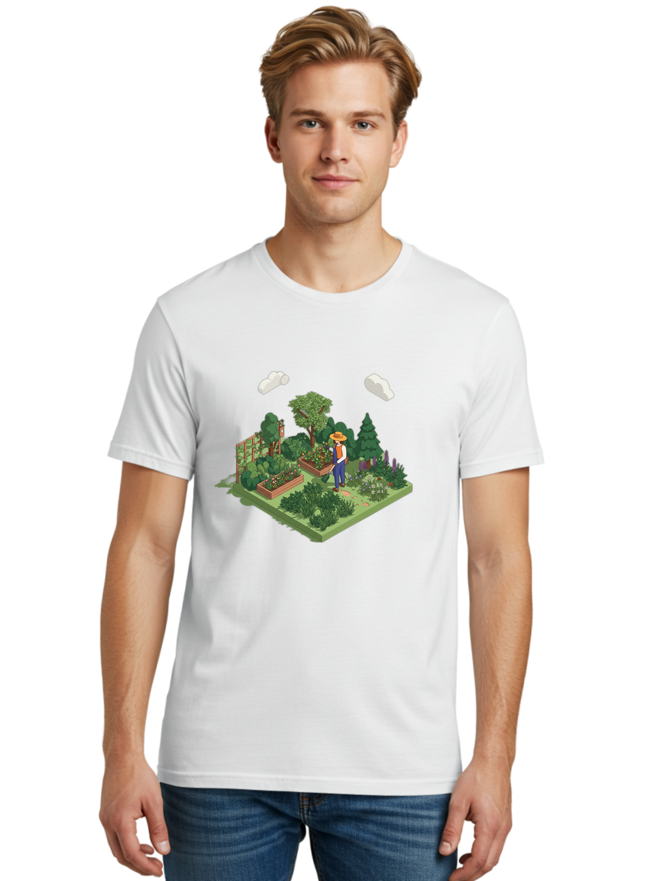 Gardener-In-Garden Men'S Graphic Tee, 100% Cotton, Comfortable Casual Summer Wear, Machine Washable, Gardener Tending Plants, Lush Greenery, Vibrant Flowers, Serene Atmosphere, Gardening Activities, Outdoor Space, Cultivating Nature, Baa715