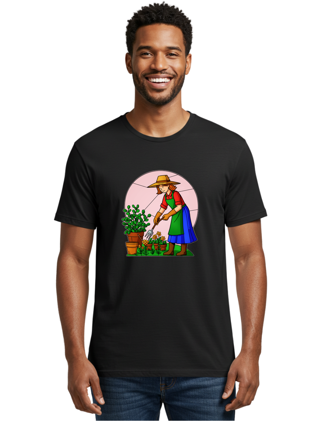 Gardener-Tending-Plants Men'S Graphic Tee, 100% Cotton, Comfortable Casual Summer Wear, Machine Washable, Gardening, Woman Gardening, Tending Potted Plants, Cactus, Flowers, Gardening Tools, Outdoor Activity, Nurturing Plants, Baa716