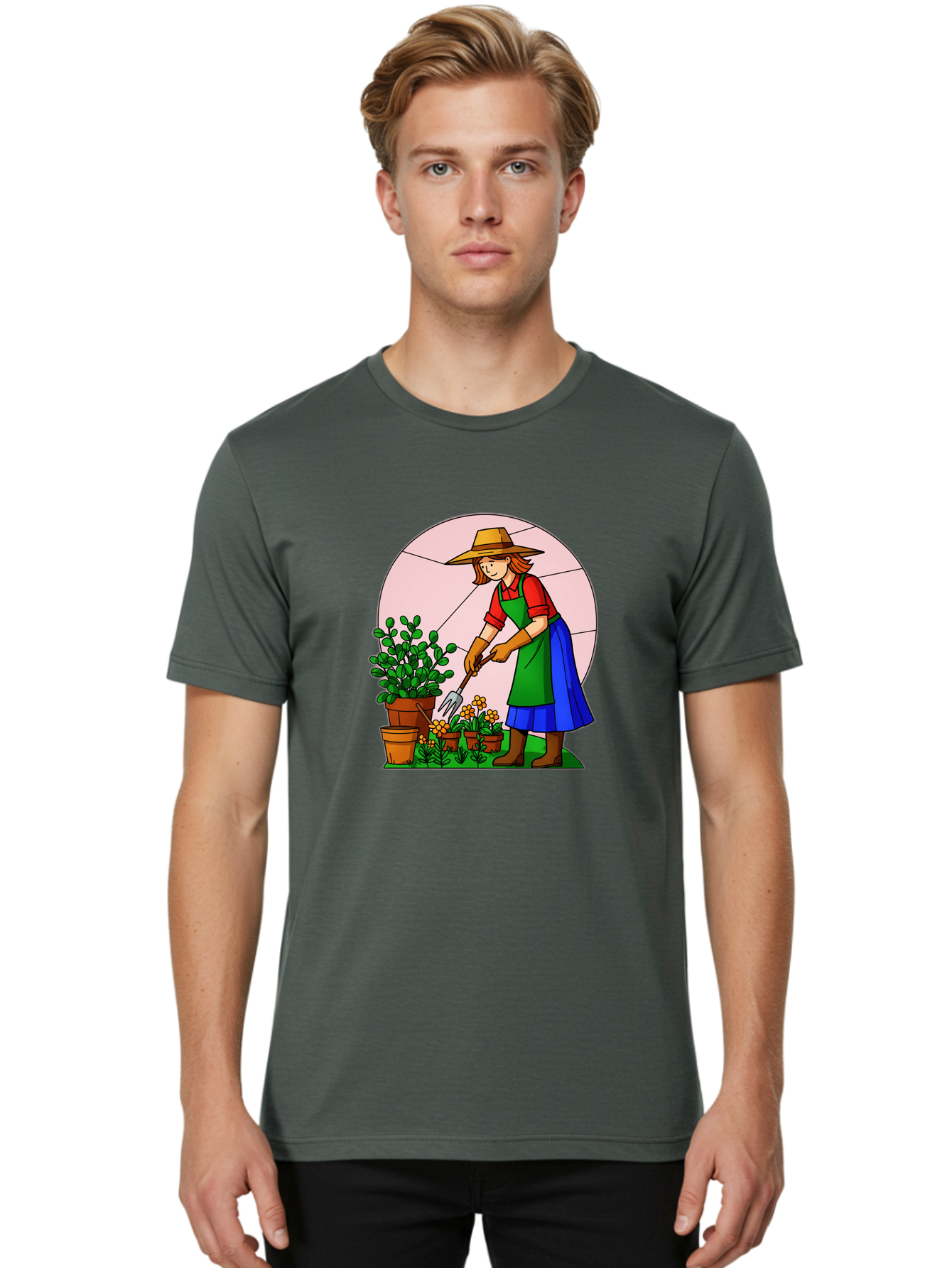 Gardener-Tending-Plants Men'S Graphic Tee, 100% Cotton, Comfortable Casual Summer Wear, Machine Washable, Gardening, Woman Gardening, Tending Potted Plants, Cactus, Flowers, Gardening Tools, Outdoor Activity, Nurturing Plants, Baa716
